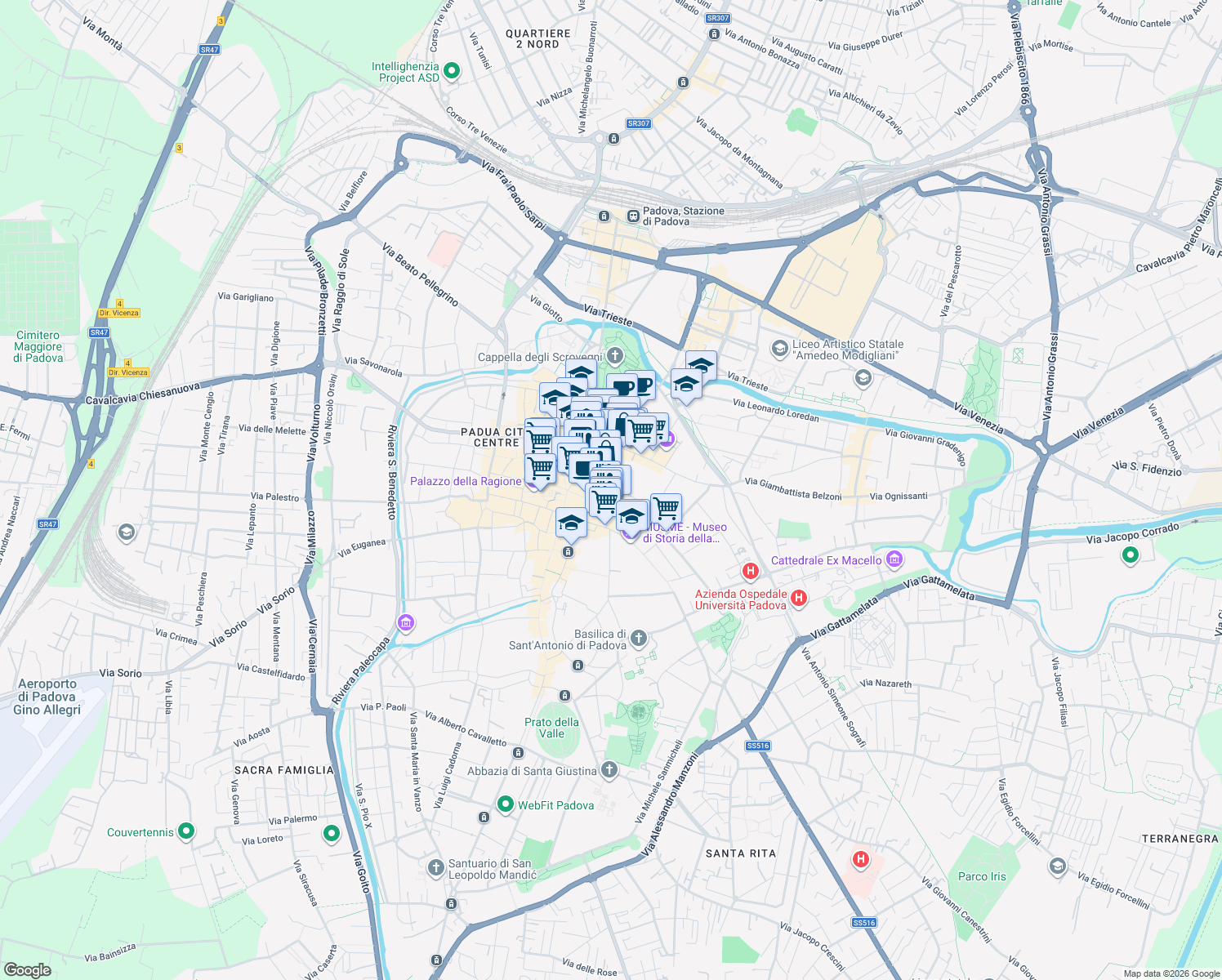 map of restaurants, bars, coffee shops, grocery stores, and more near 2 Via San Biagio in Padova