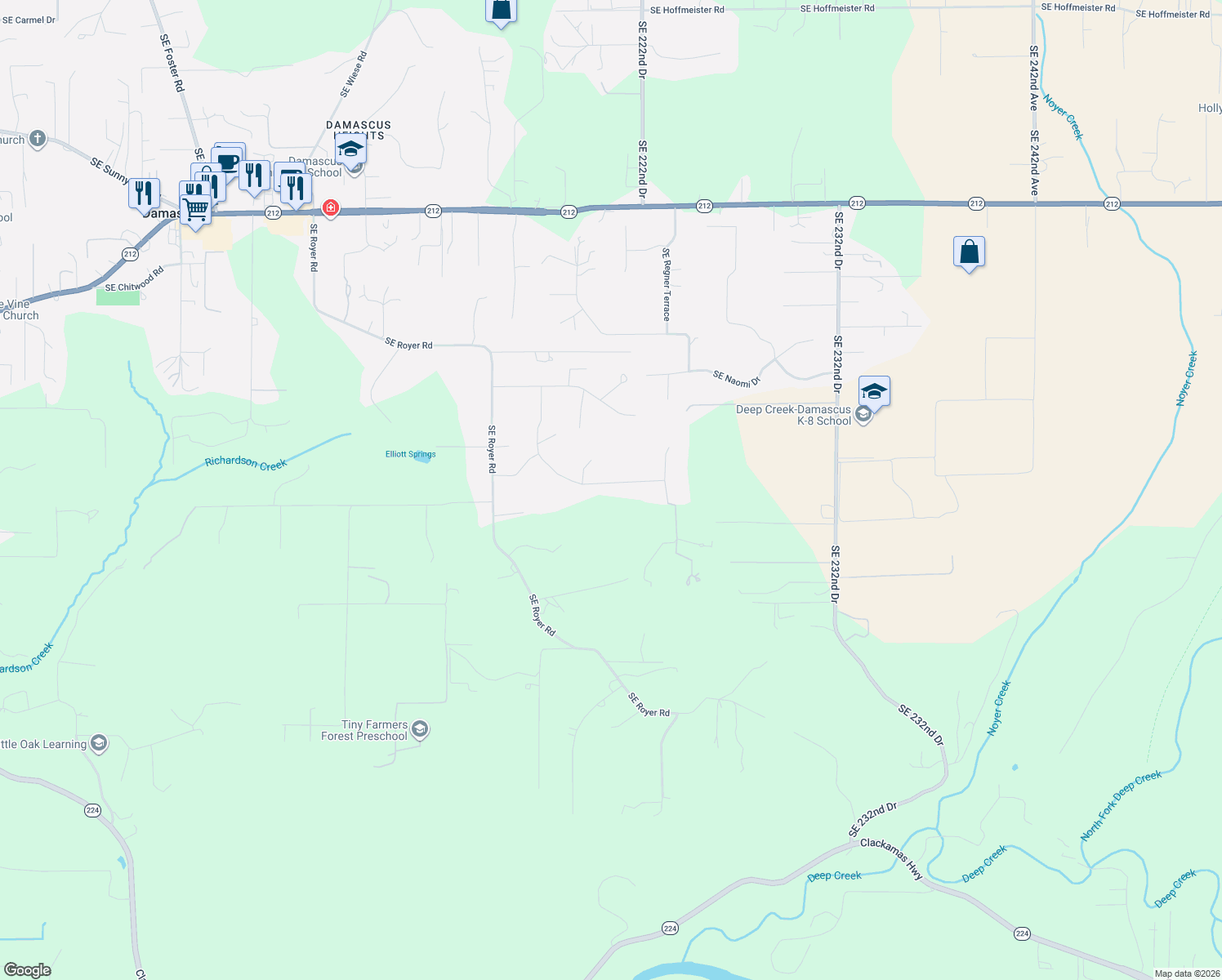 map of restaurants, bars, coffee shops, grocery stores, and more near 15931 Southeast Heidi Lane in Damascus