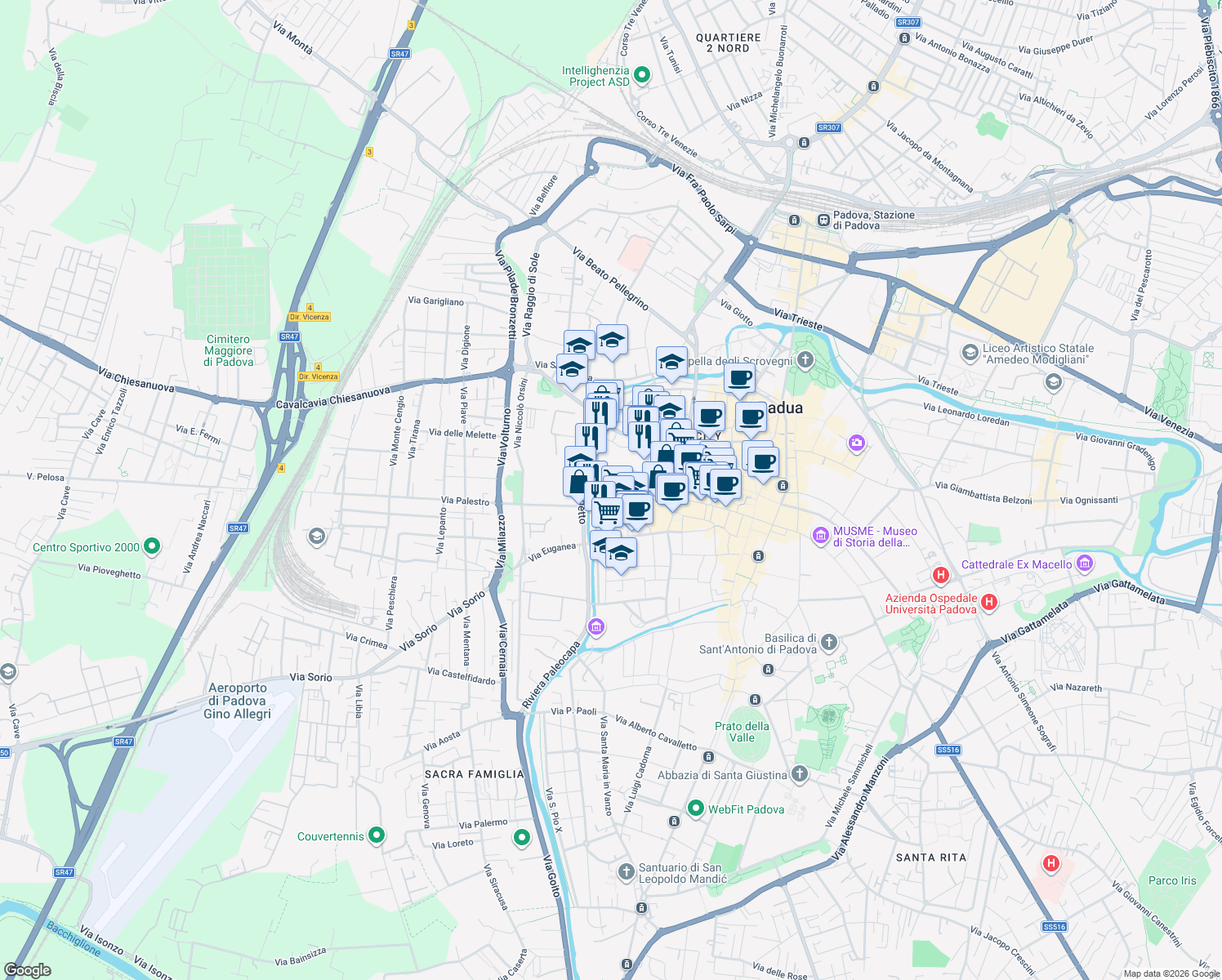 map of restaurants, bars, coffee shops, grocery stores, and more near 8 Via Girolamo Frigimelica in Padova