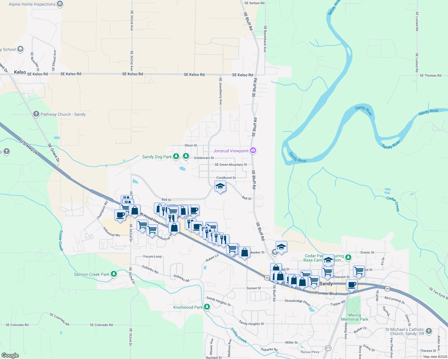 map of restaurants, bars, coffee shops, grocery stores, and more near 37480 Coralburst Street in Sandy
