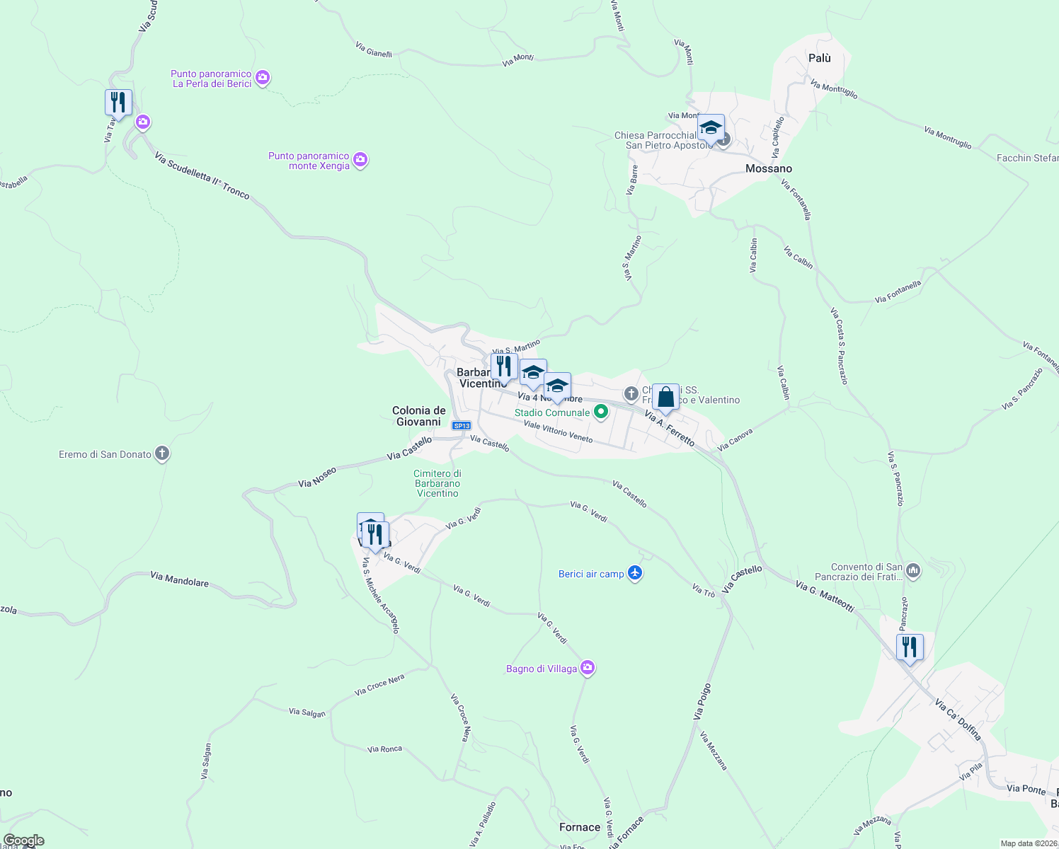 map of restaurants, bars, coffee shops, grocery stores, and more near 431 Viale Vittorio Veneto in Barbarano Vicentino