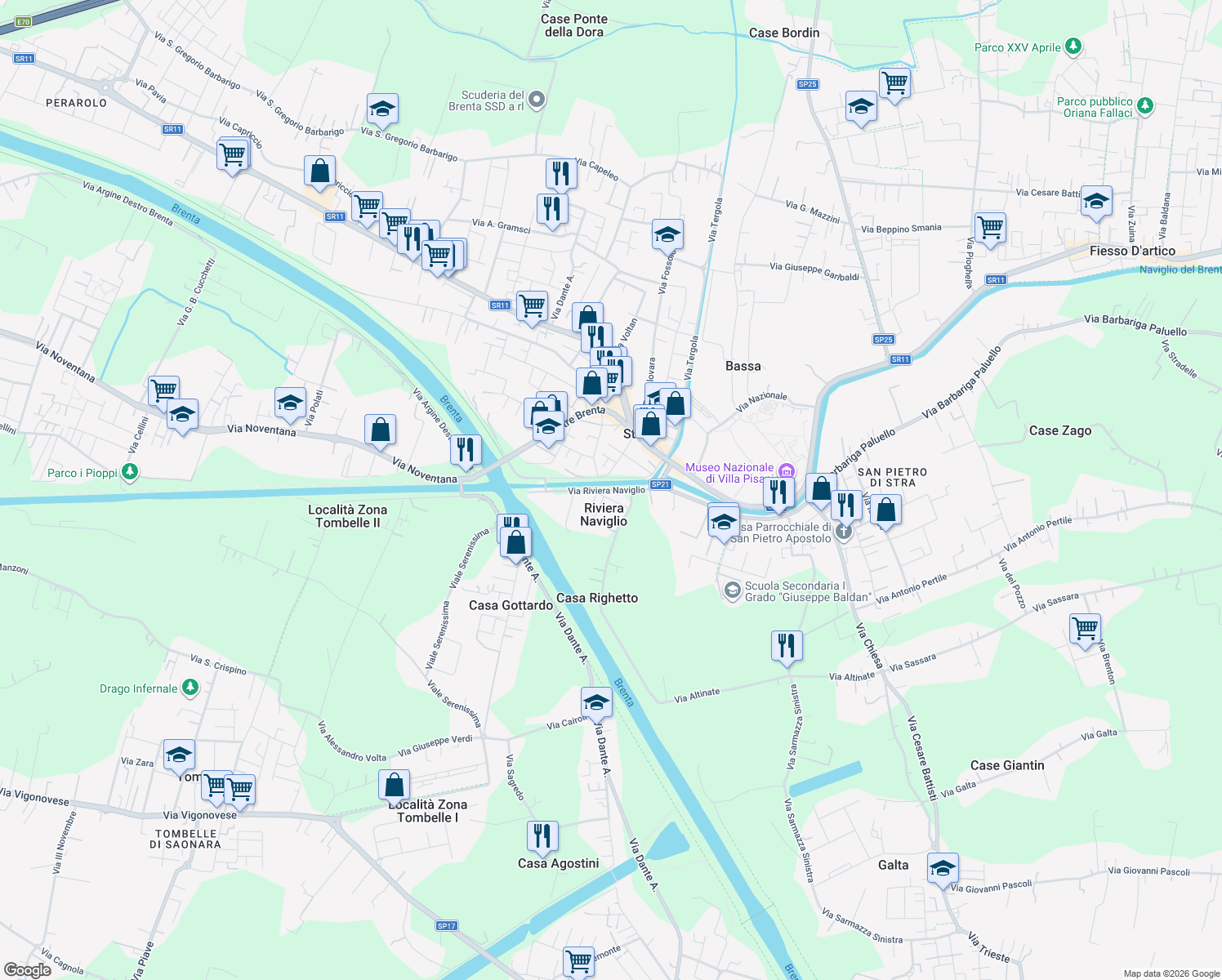 map of restaurants, bars, coffee shops, grocery stores, and more near Via Riviera Naviglio in Riviera Naviglio