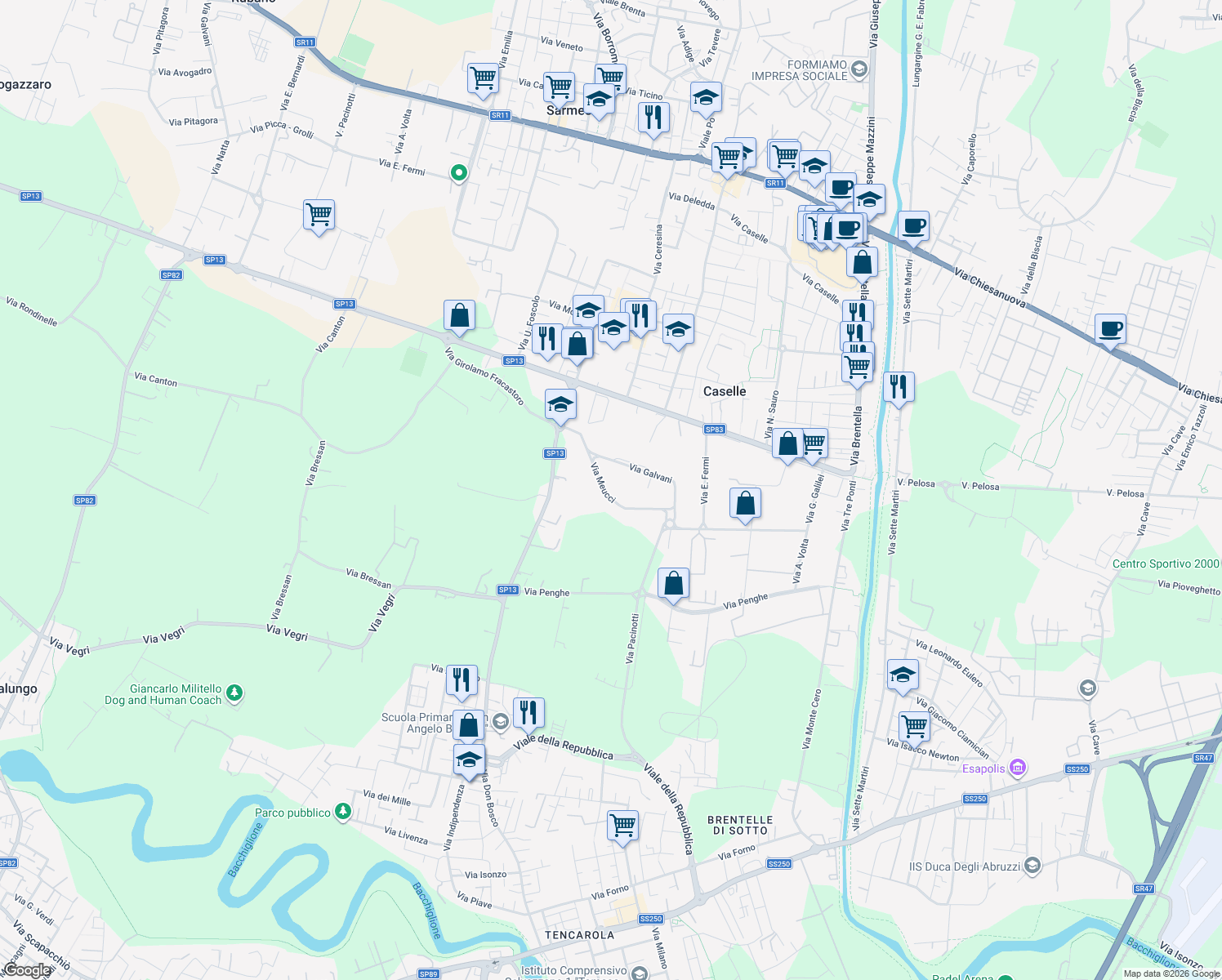 map of restaurants, bars, coffee shops, grocery stores, and more near 11 Via Meucci in Caselle