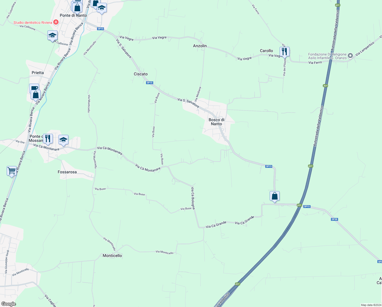 map of restaurants, bars, coffee shops, grocery stores, and more near 49 Via Cà Montanare in Provincia di Vicenza