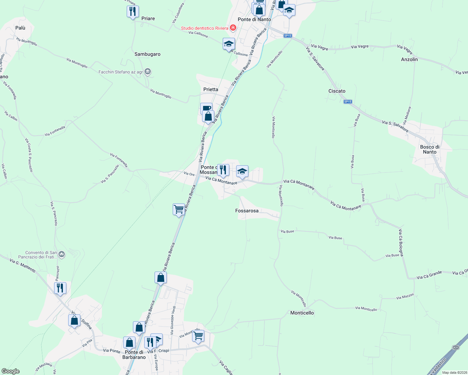 map of restaurants, bars, coffee shops, grocery stores, and more near 8 Via Cà Montanare in Ponte di Mossano
