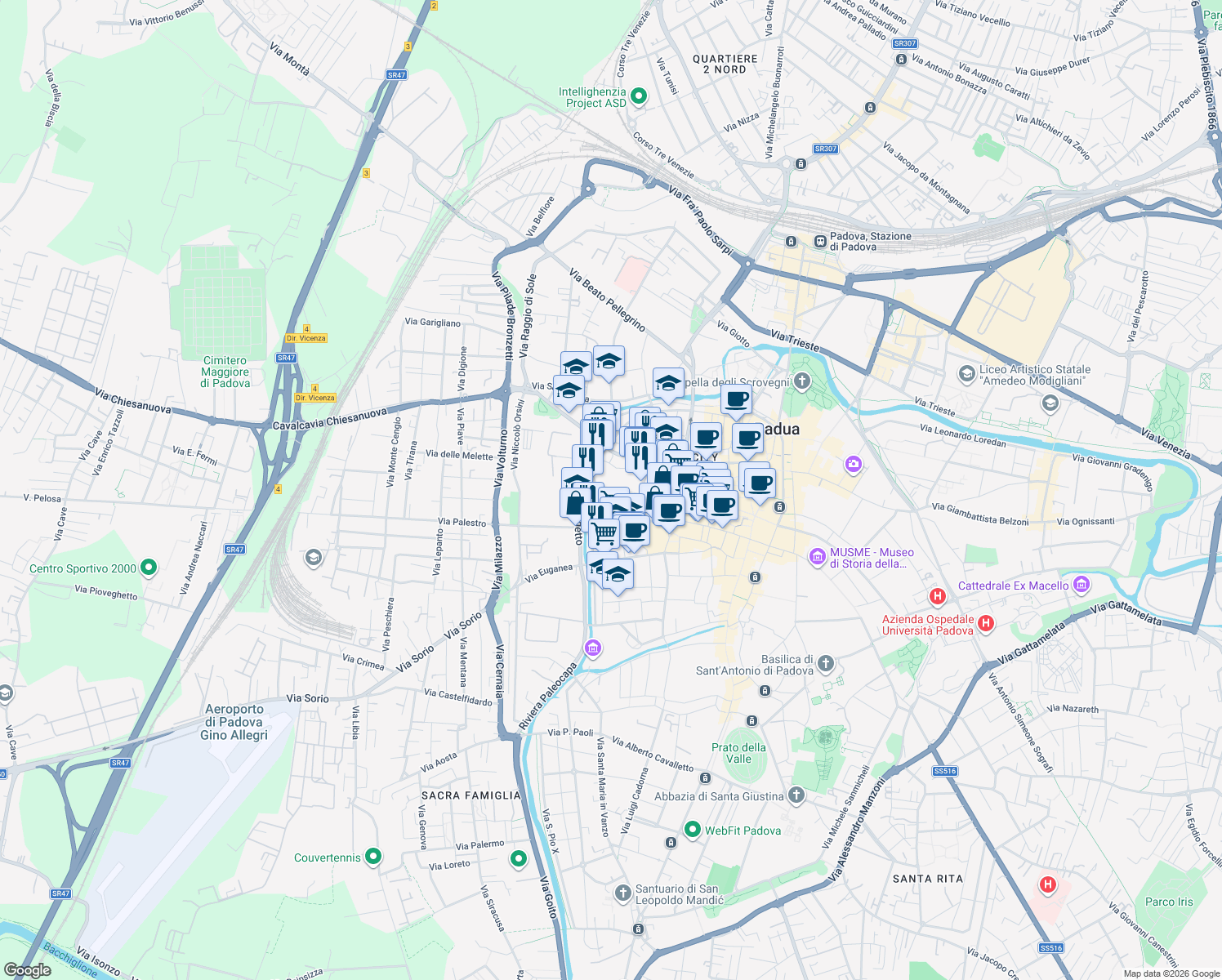 map of restaurants, bars, coffee shops, grocery stores, and more near 6-8 Via Girolamo Frigimelica in Padova