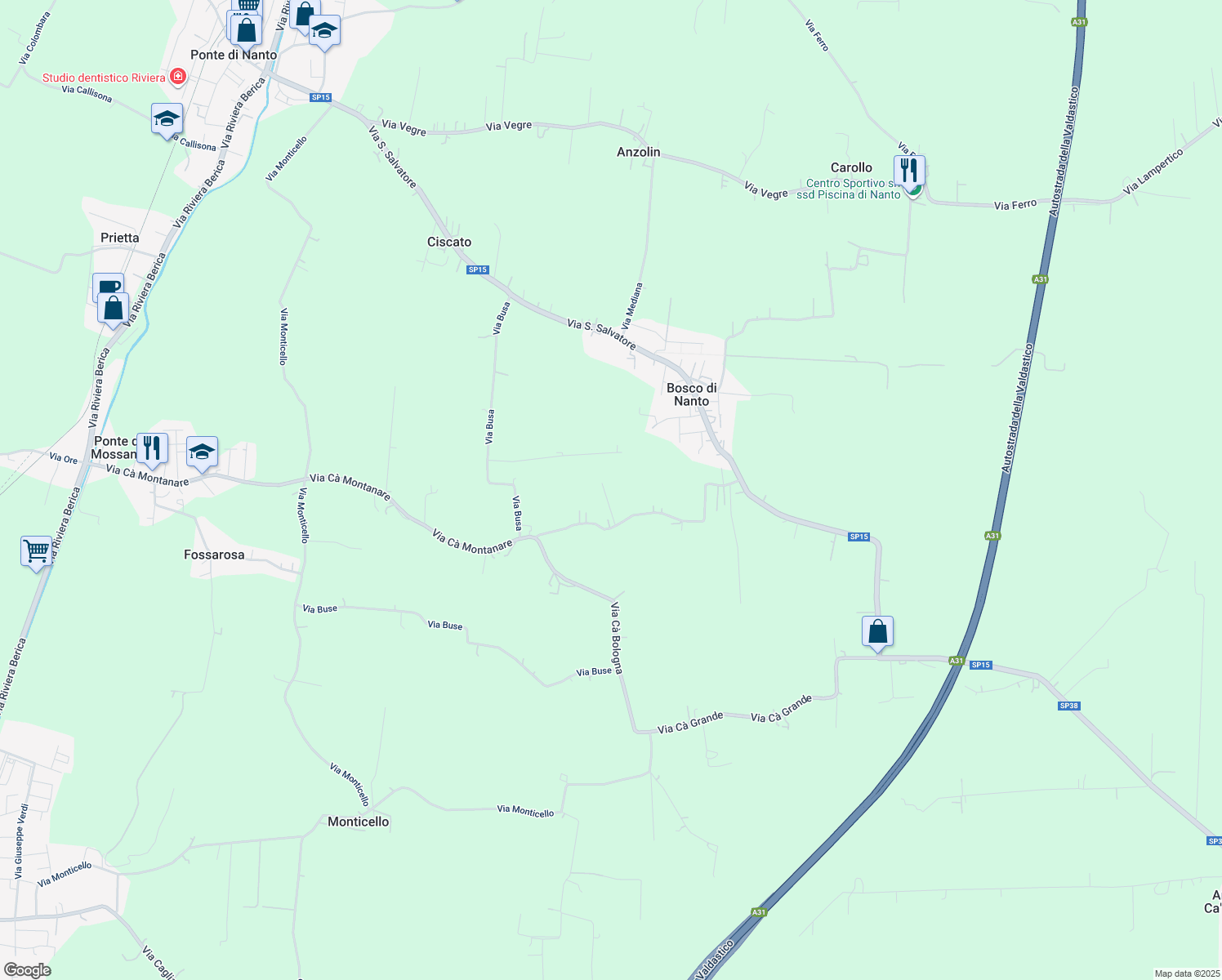 map of restaurants, bars, coffee shops, grocery stores, and more near 49 Via Cà Montanare in Provincia di Vicenza