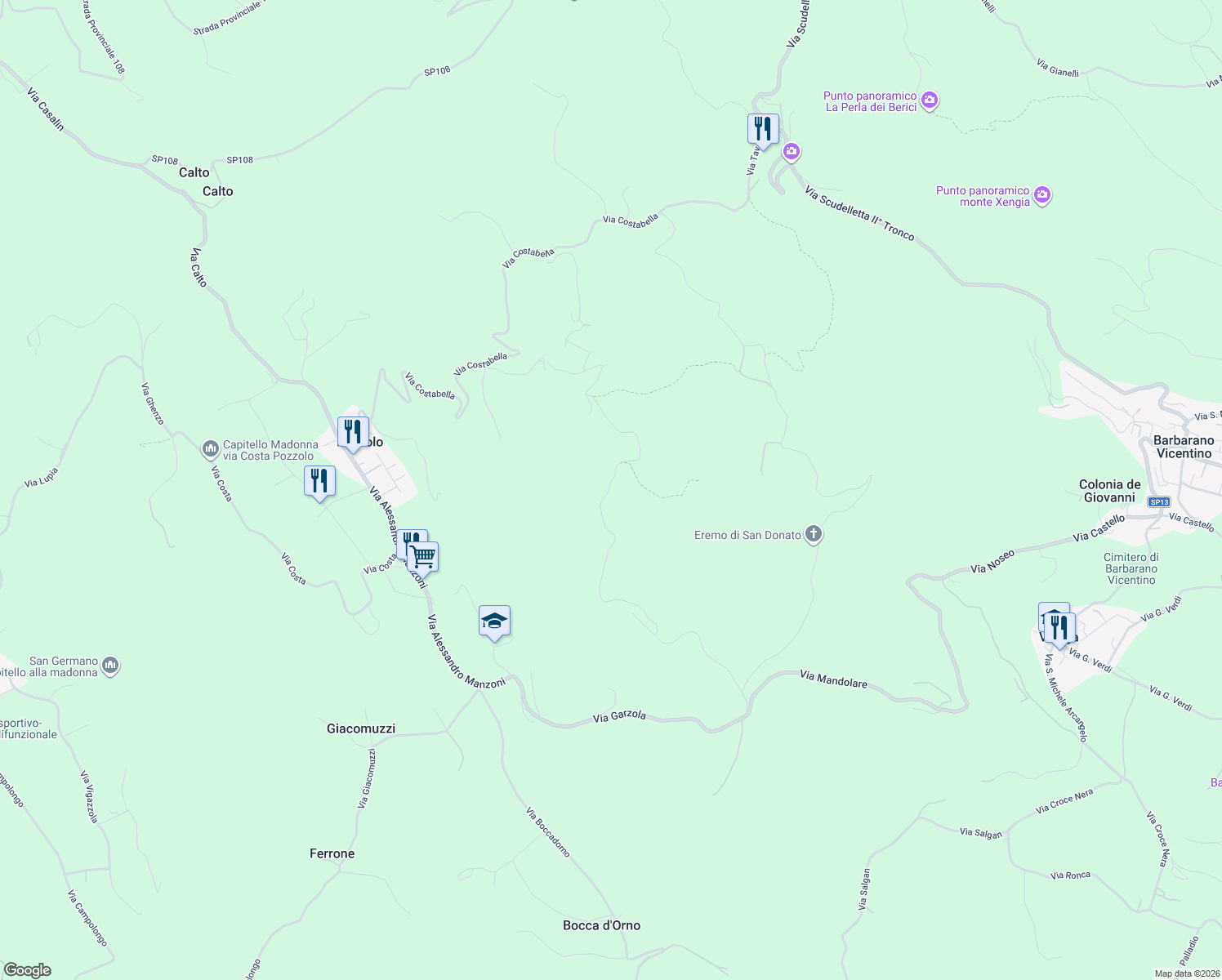 map of restaurants, bars, coffee shops, grocery stores, and more near 2 Via Fagnini in Provincia di Vicenza