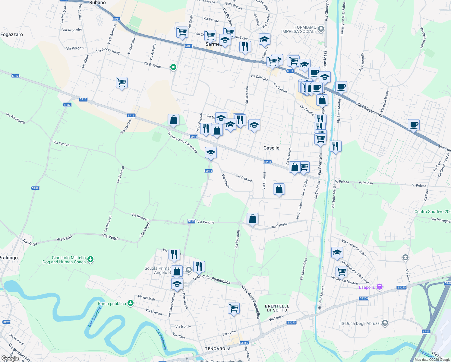 map of restaurants, bars, coffee shops, grocery stores, and more near 11 Via Meucci in Caselle