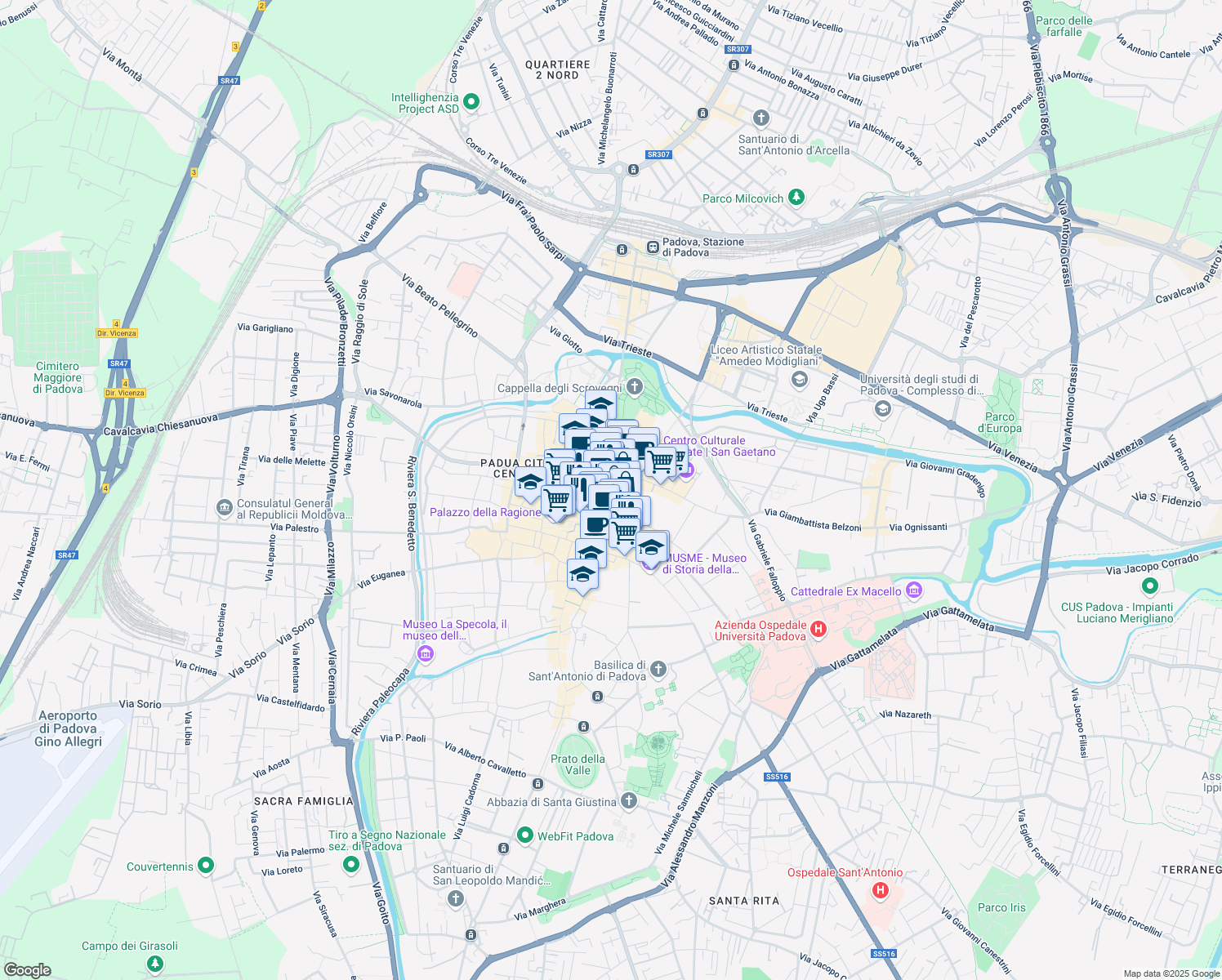 map of restaurants, bars, coffee shops, grocery stores, and more near 14 Via Pietro Fortunato Calvi in Padova