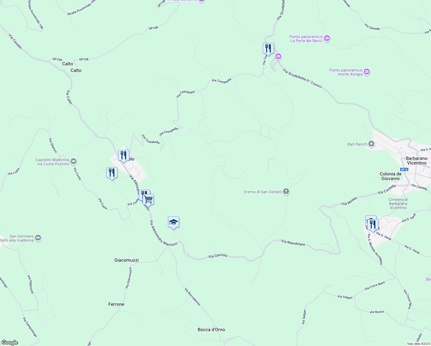 map of restaurants, bars, coffee shops, grocery stores, and more near 2 Via Fagnini in Provincia di Vicenza