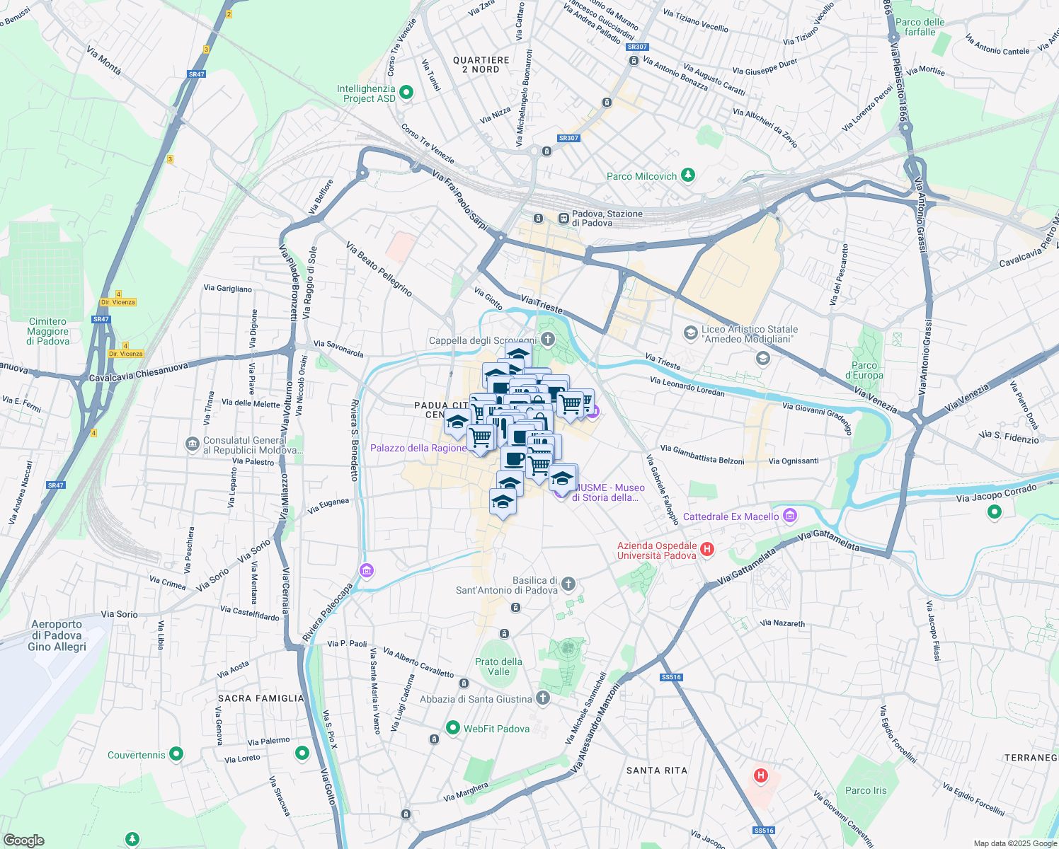 map of restaurants, bars, coffee shops, grocery stores, and more near 14 Via Calvi Pietro Fortunato in Padova