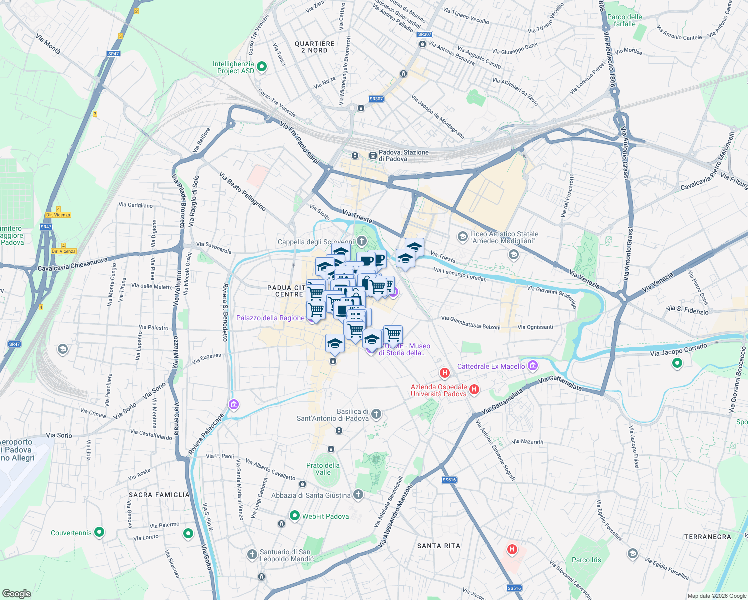 map of restaurants, bars, coffee shops, grocery stores, and more near 2 Via San Biagio in Padova
