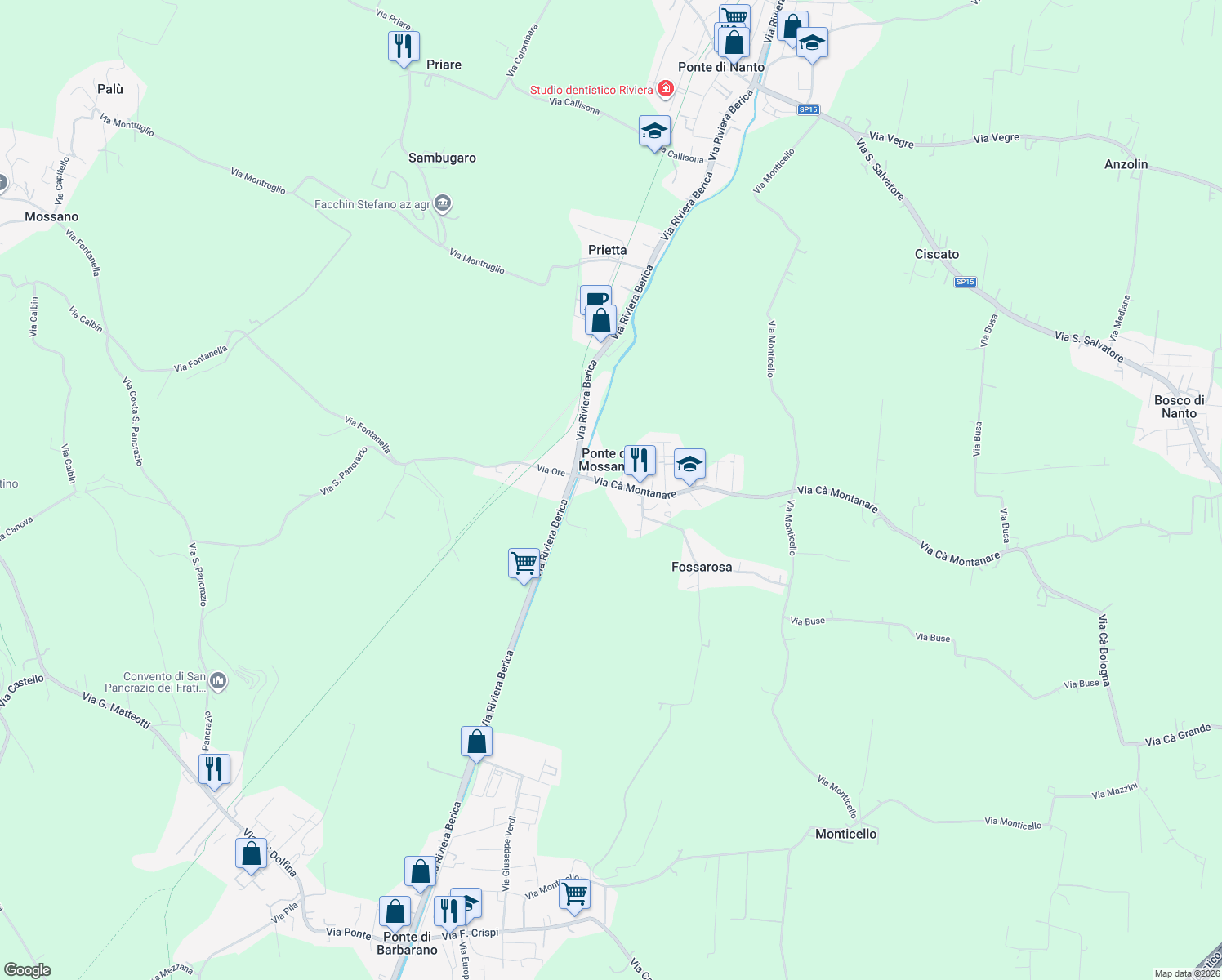 map of restaurants, bars, coffee shops, grocery stores, and more near 7 Via Ore in Ponte di Mossano