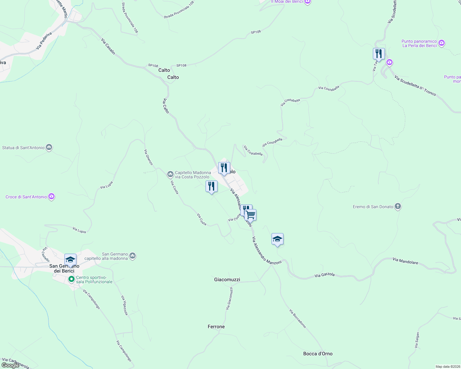 map of restaurants, bars, coffee shops, grocery stores, and more near 78 Via Alessandro Manzoni in Pozzolo