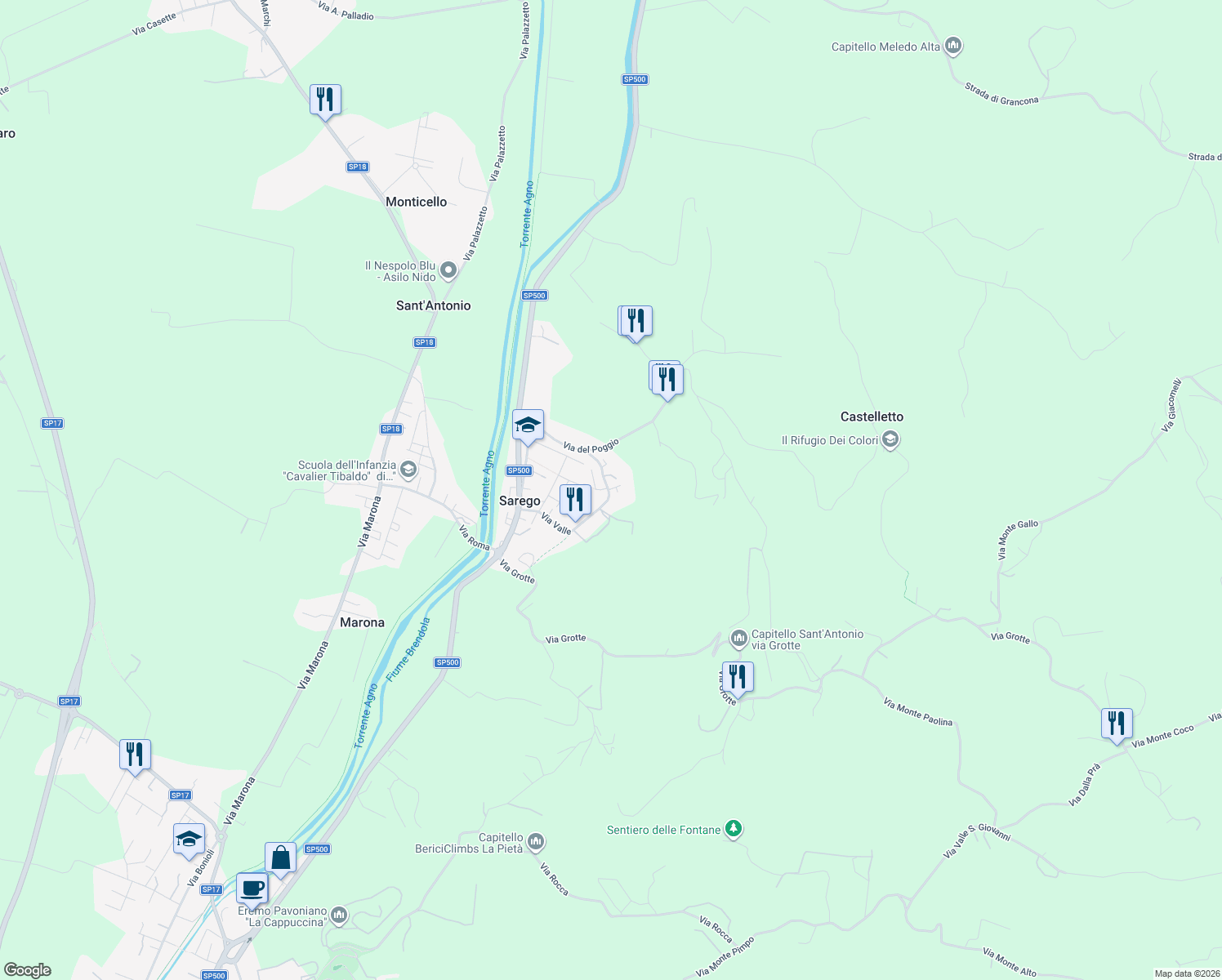 map of restaurants, bars, coffee shops, grocery stores, and more near 108 Via Valle in Sarego