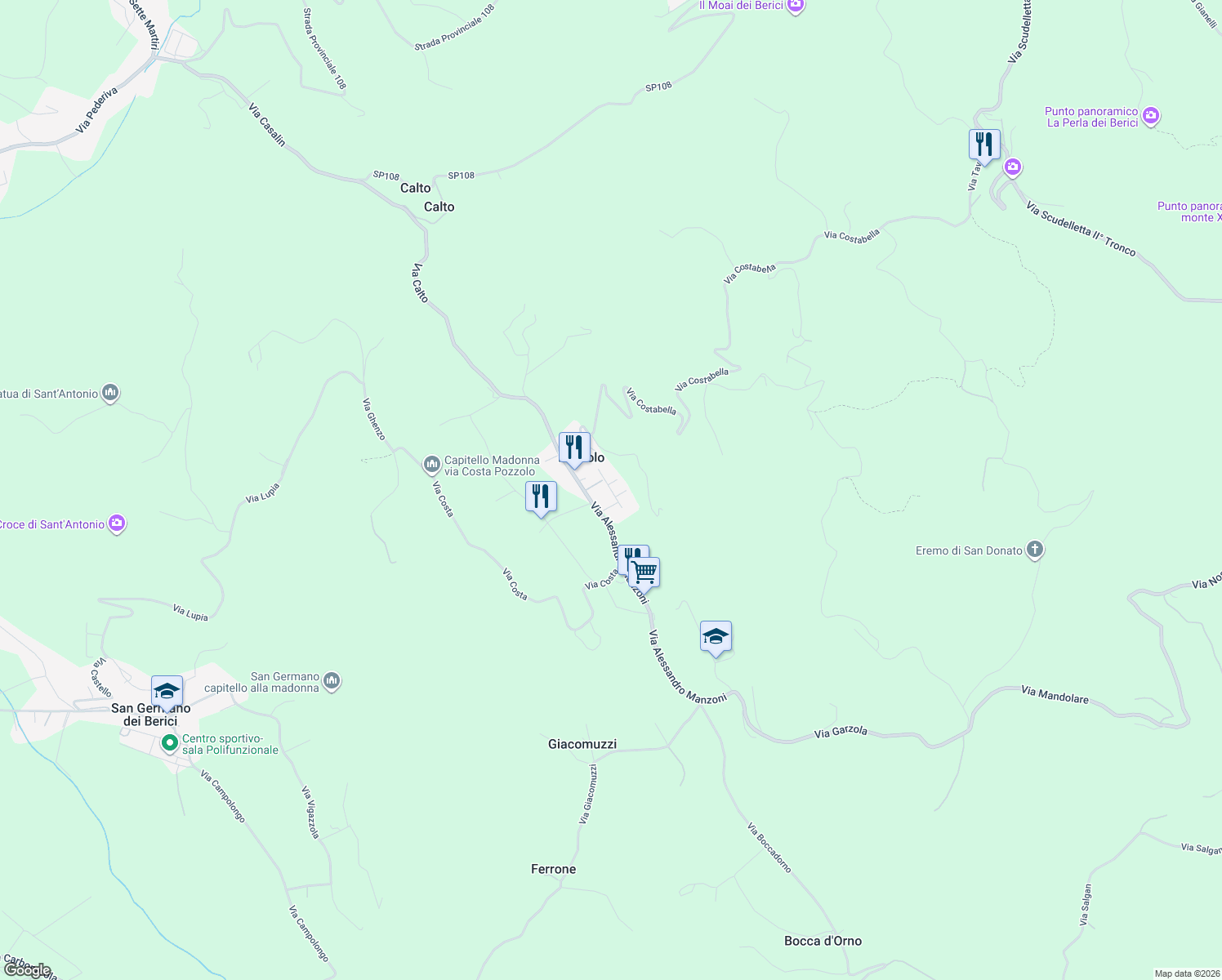 map of restaurants, bars, coffee shops, grocery stores, and more near 78 Via Alessandro Manzoni in Pozzolo
