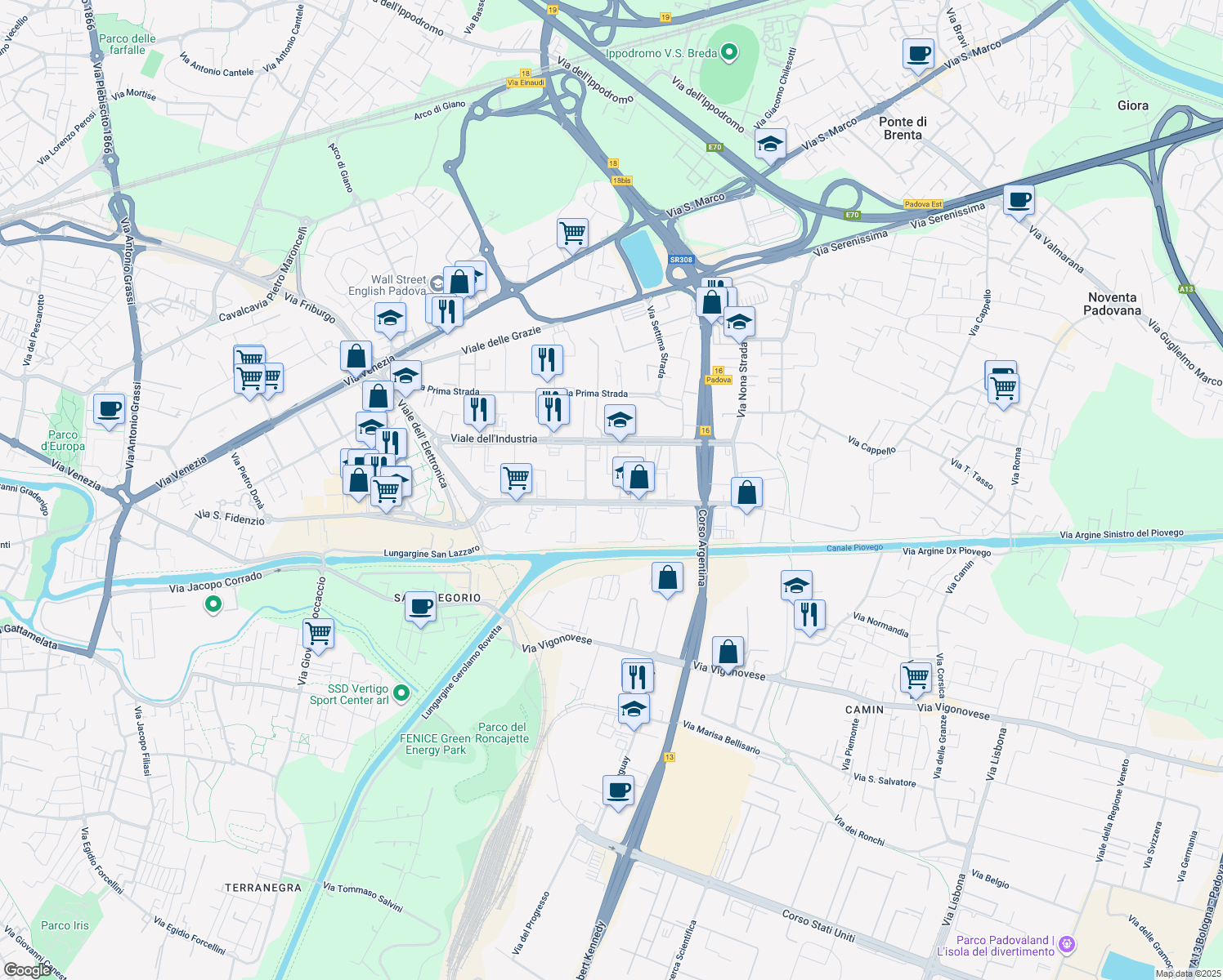 map of restaurants, bars, coffee shops, grocery stores, and more near 49 Viale della Navigazione Interna in Padua
