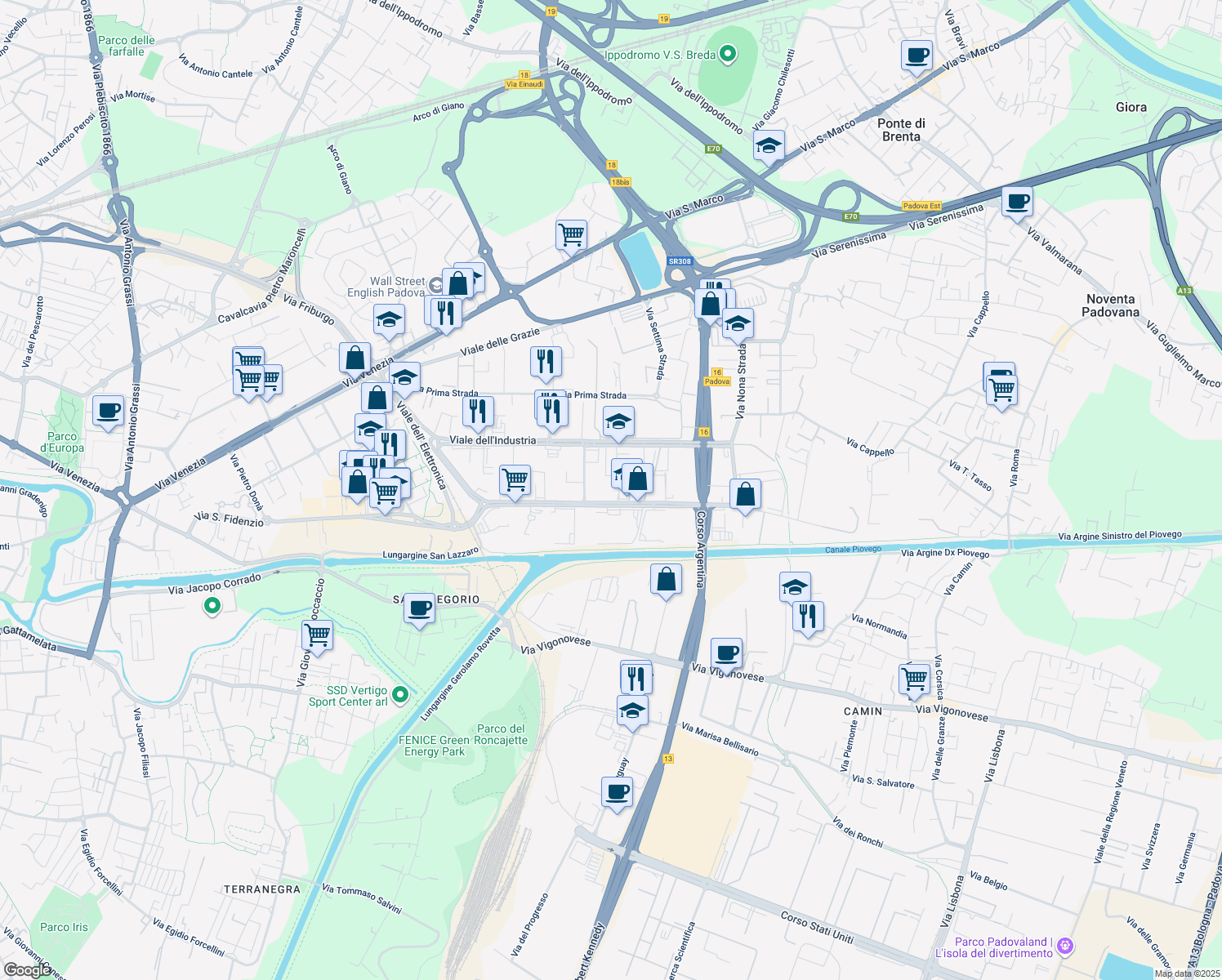 map of restaurants, bars, coffee shops, grocery stores, and more near 49 Viale della Navigazione Interna in Padova