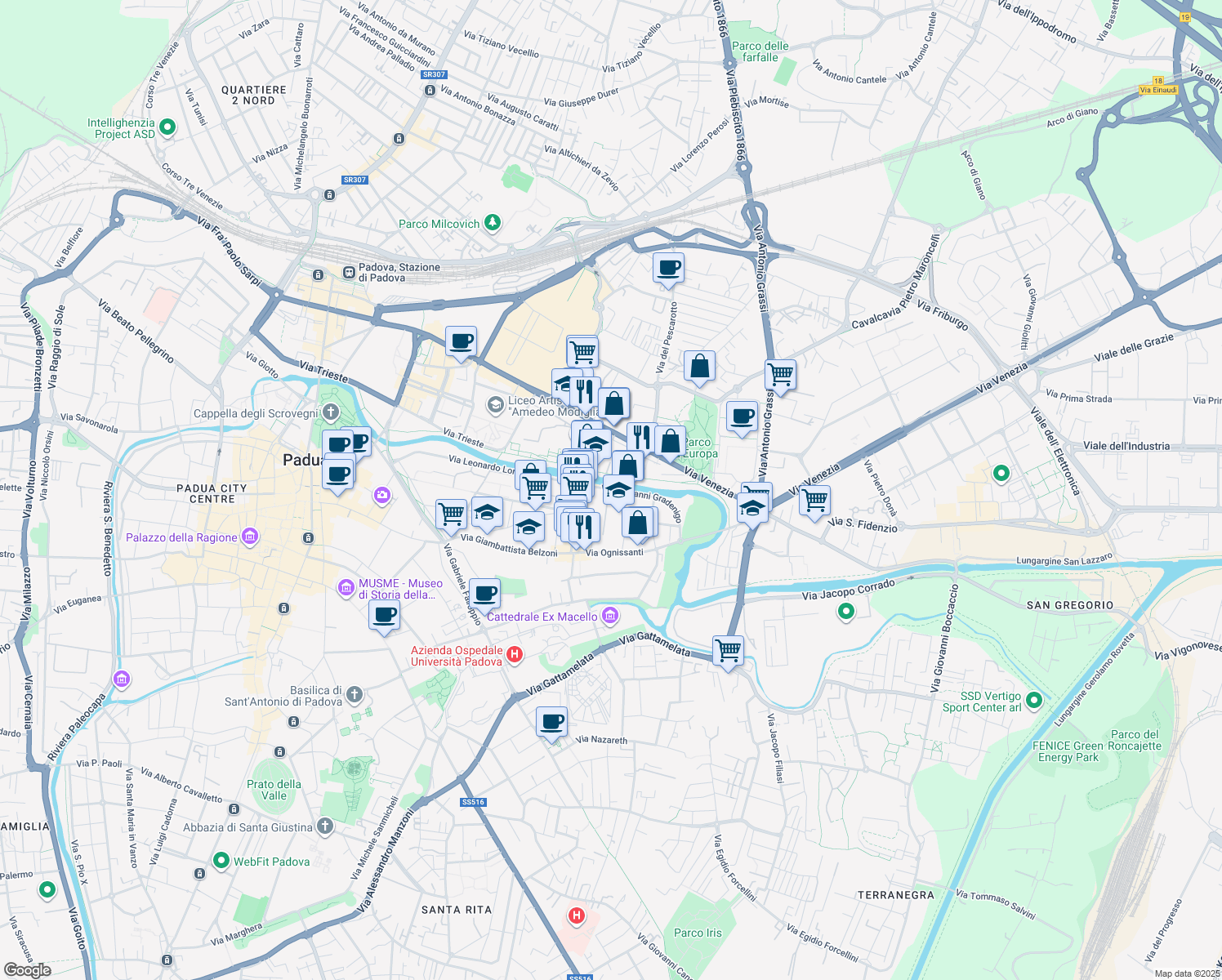 map of restaurants, bars, coffee shops, grocery stores, and more near 6 Via Giovanni Gradenigo in Padova