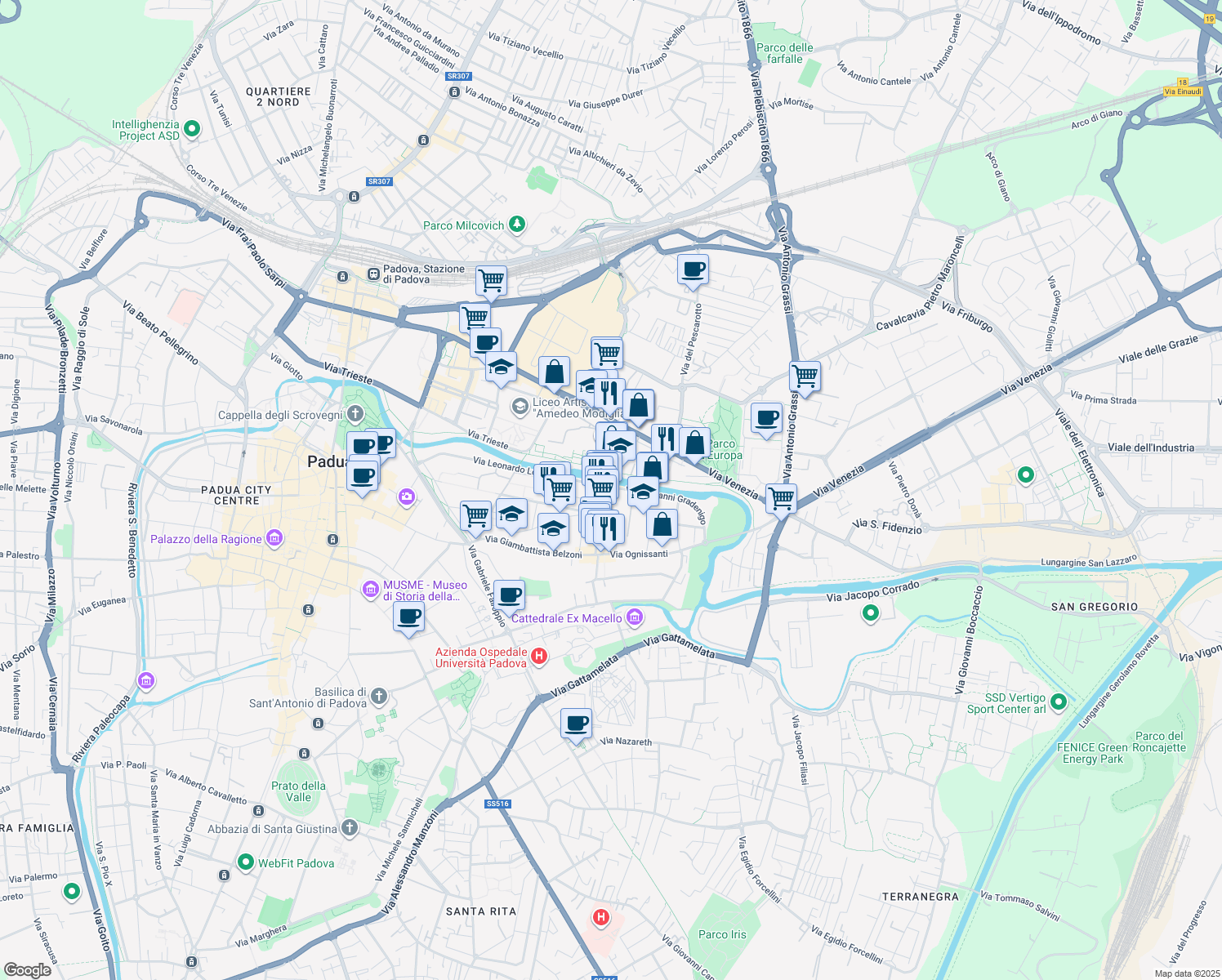 map of restaurants, bars, coffee shops, grocery stores, and more near 6 Via Giovanni Gradenigo in Padova