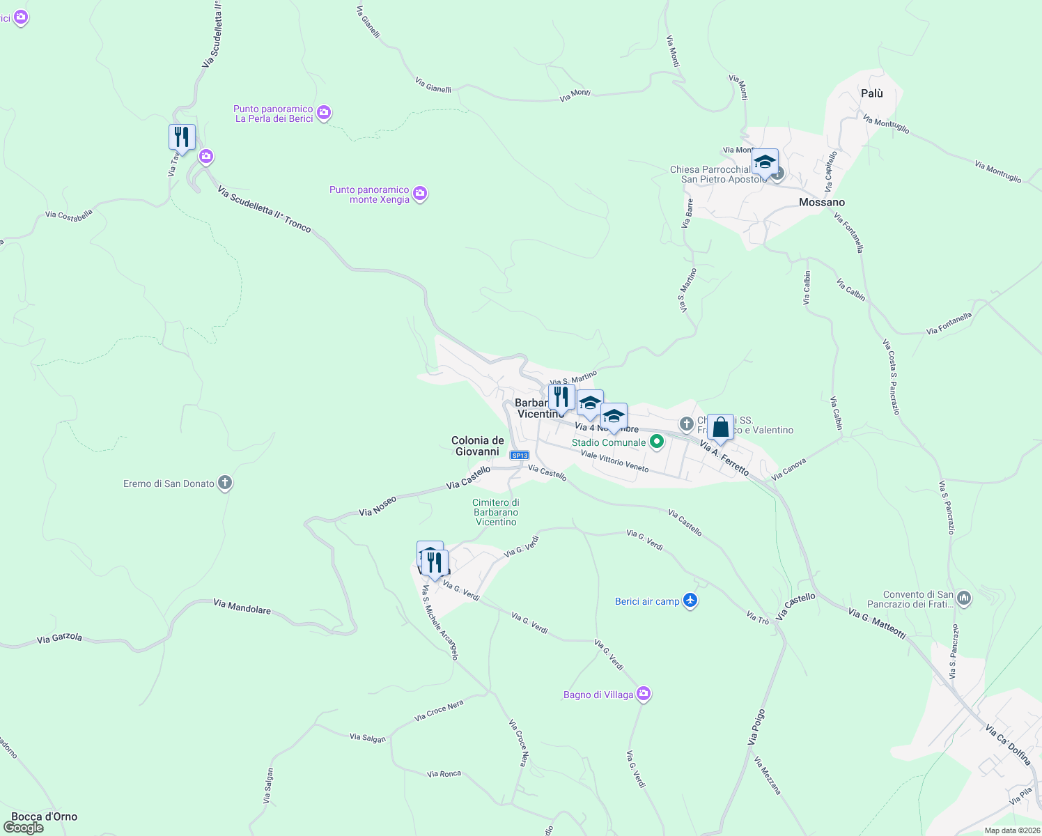 map of restaurants, bars, coffee shops, grocery stores, and more near 12 Via Adelchi Carampin in Barbarano Vicentino