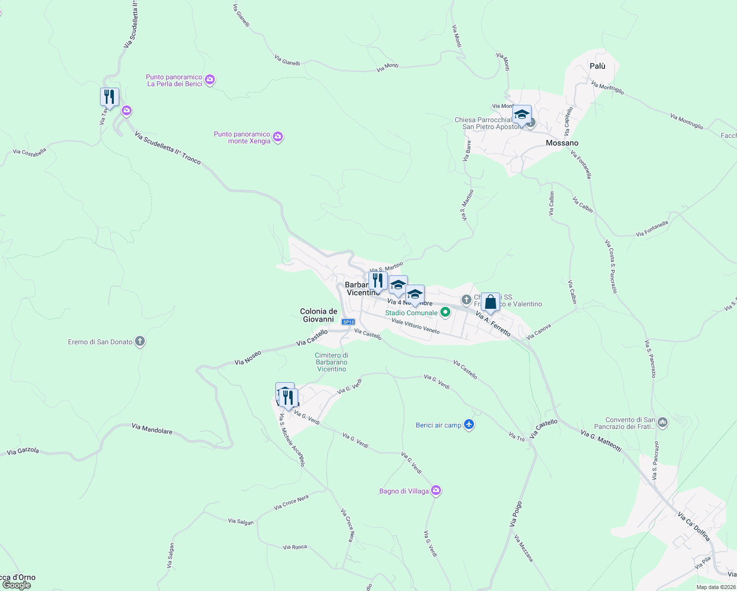 map of restaurants, bars, coffee shops, grocery stores, and more near in Barbarano Vicentino