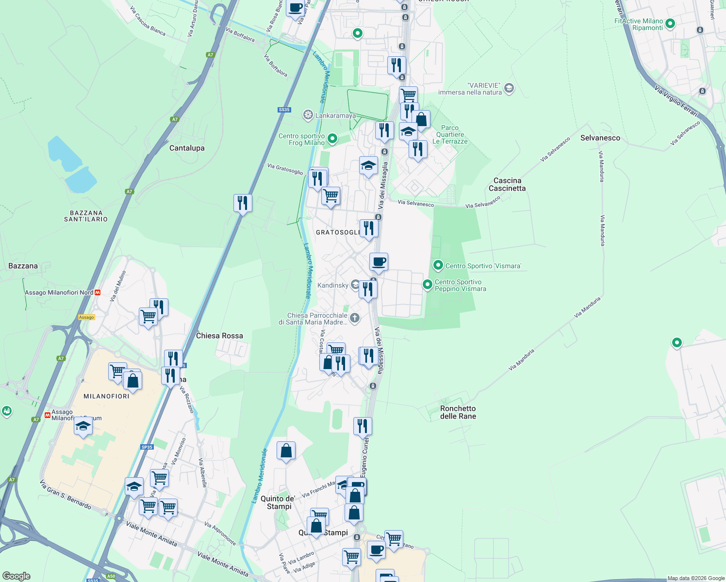map of restaurants, bars, coffee shops, grocery stores, and more near 20 Via Michele Saponaro in Milano