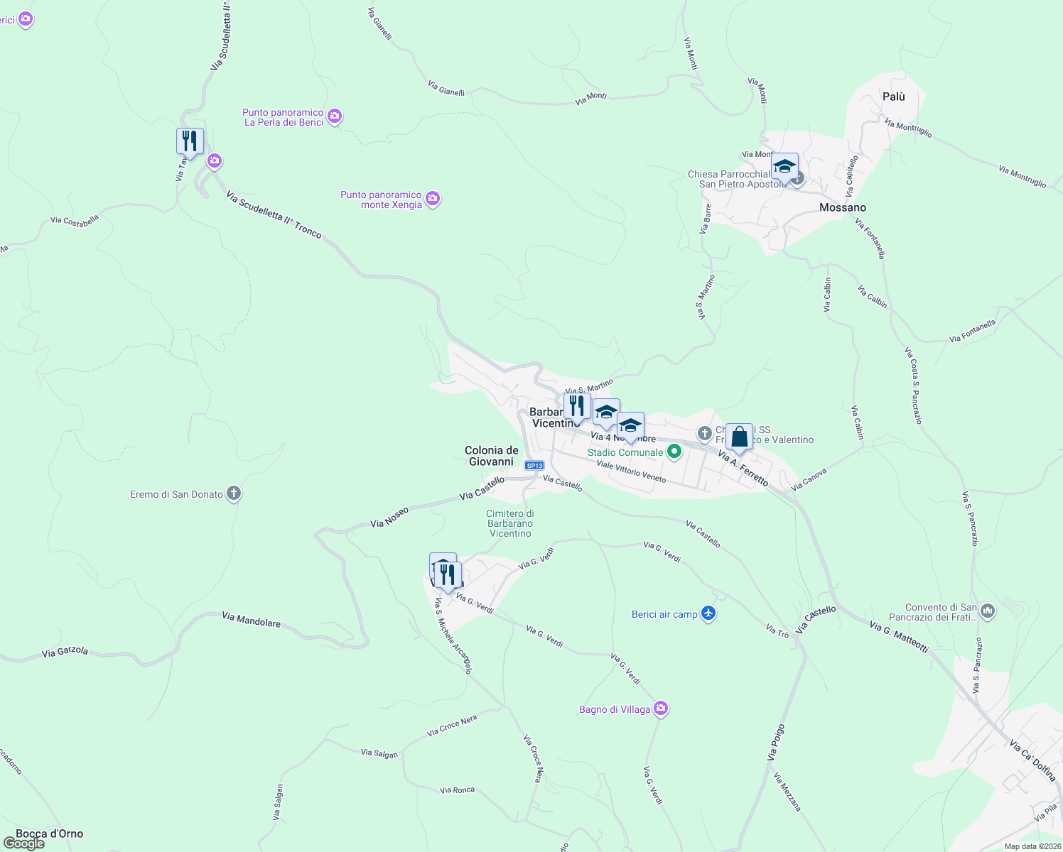 map of restaurants, bars, coffee shops, grocery stores, and more near 12 Via Adelchi Carampin in Barbarano Vicentino