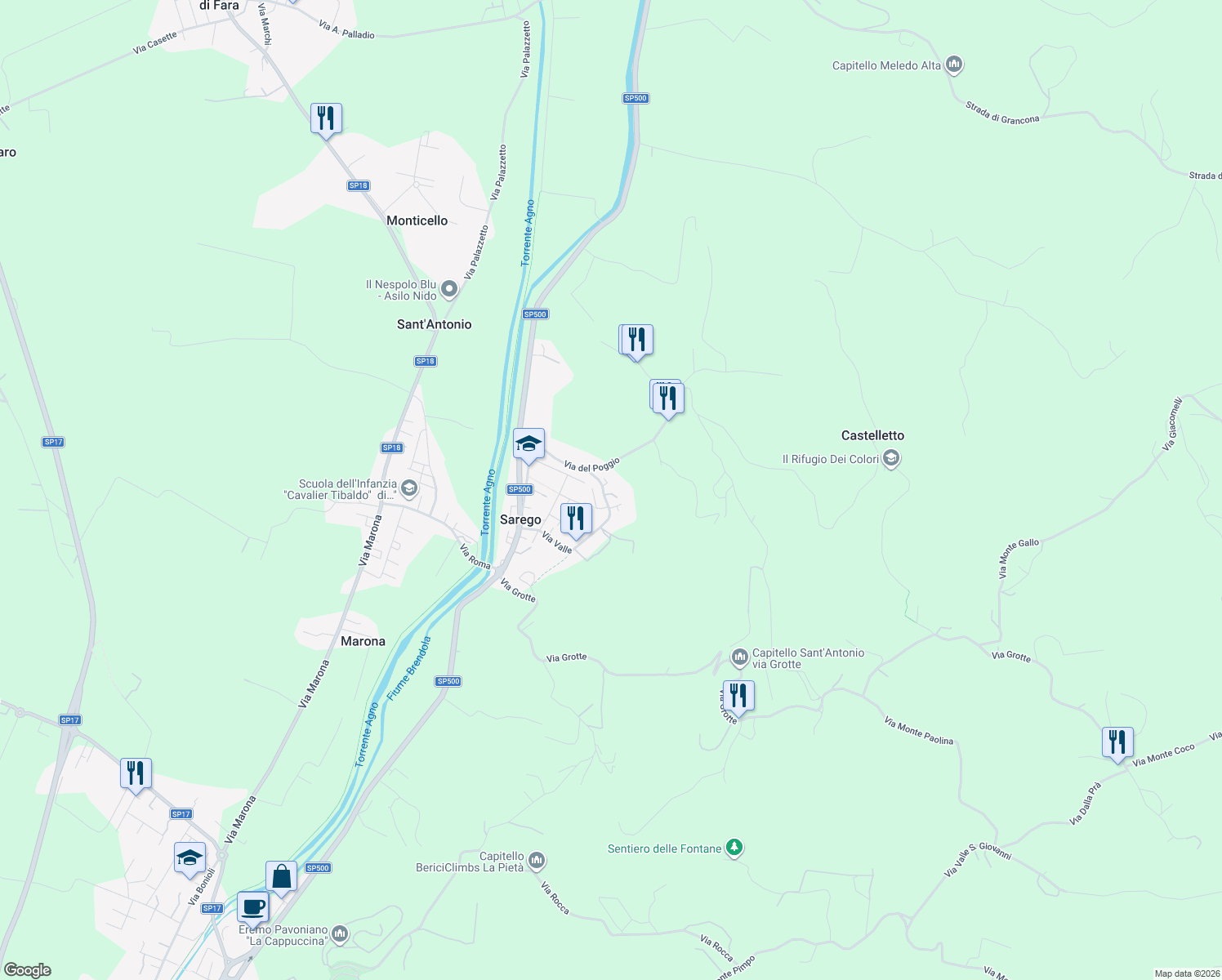 map of restaurants, bars, coffee shops, grocery stores, and more near 108 Via Valle in Sarego