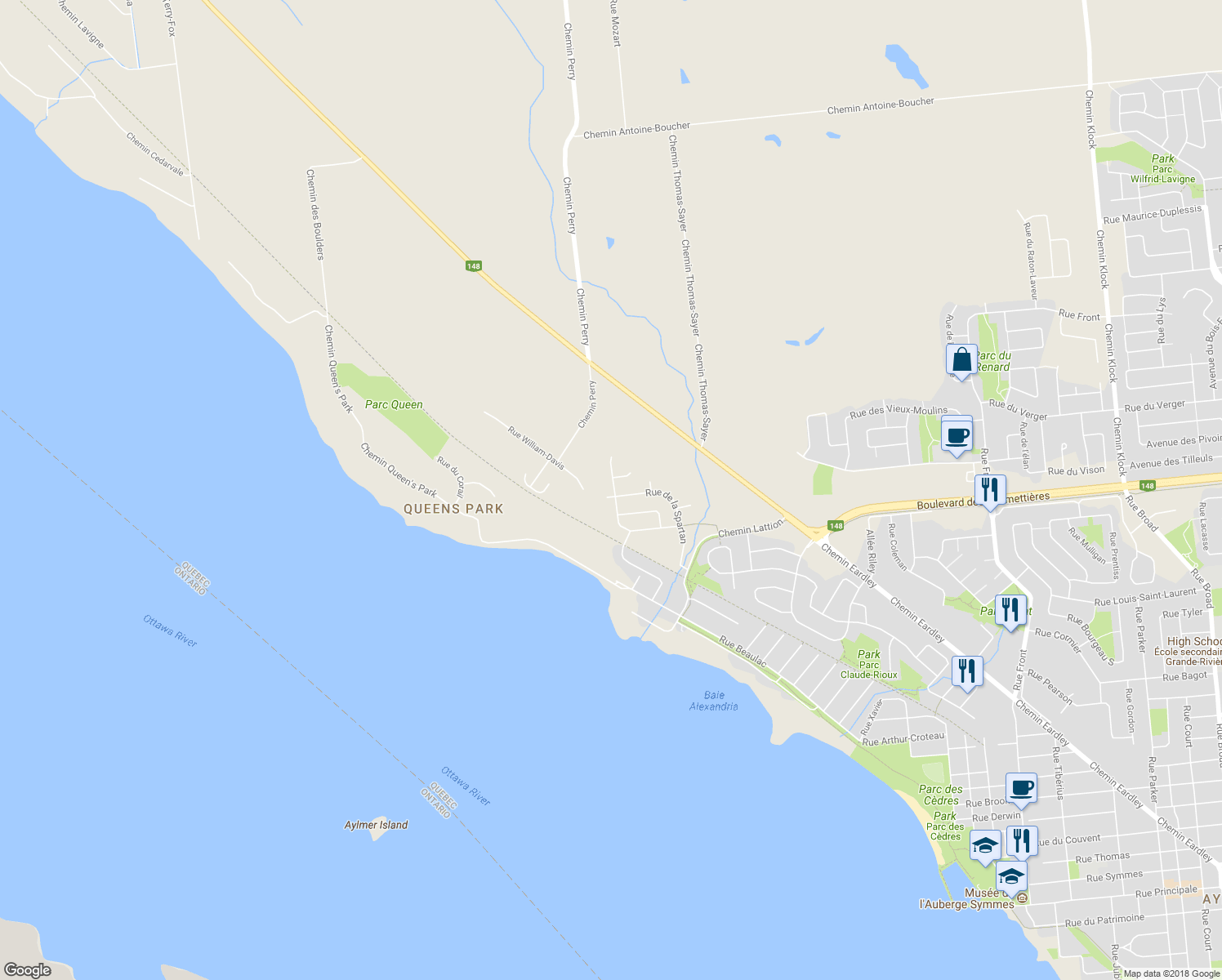 map of restaurants, bars, coffee shops, grocery stores, and more near 128 Rue de la Lobo in Gatineau