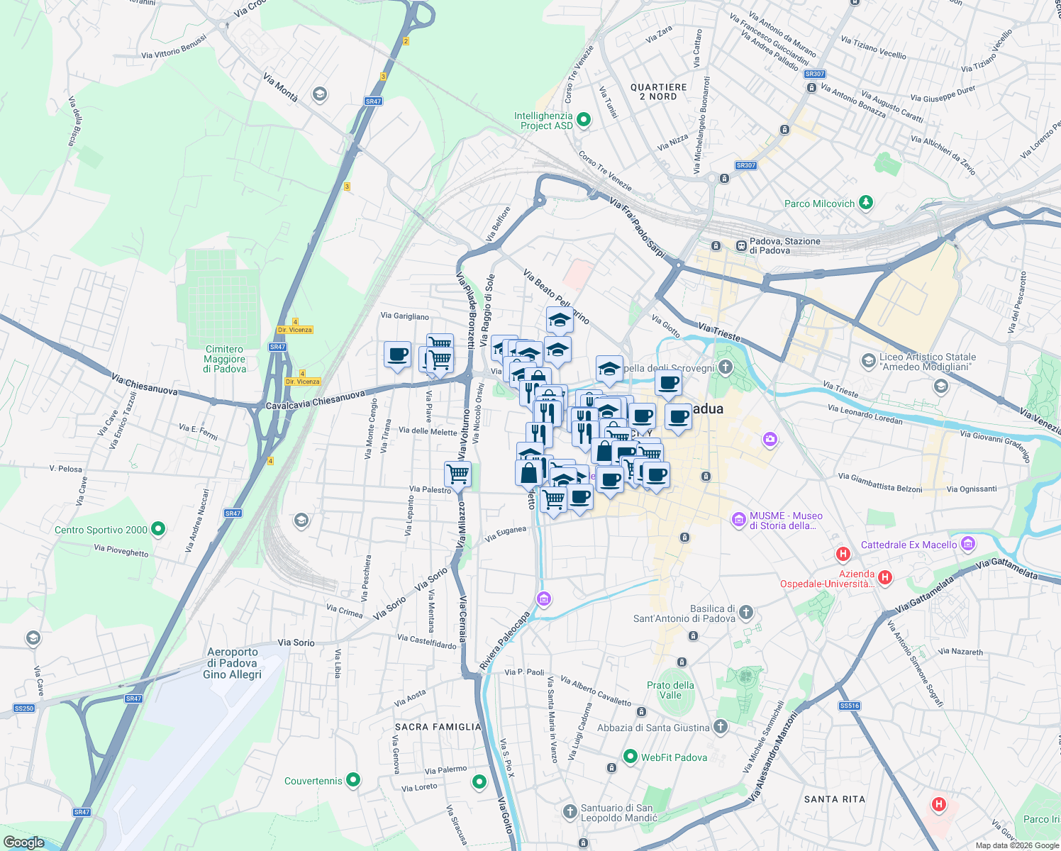 map of restaurants, bars, coffee shops, grocery stores, and more near 24 Riviera San Benedetto in Padua