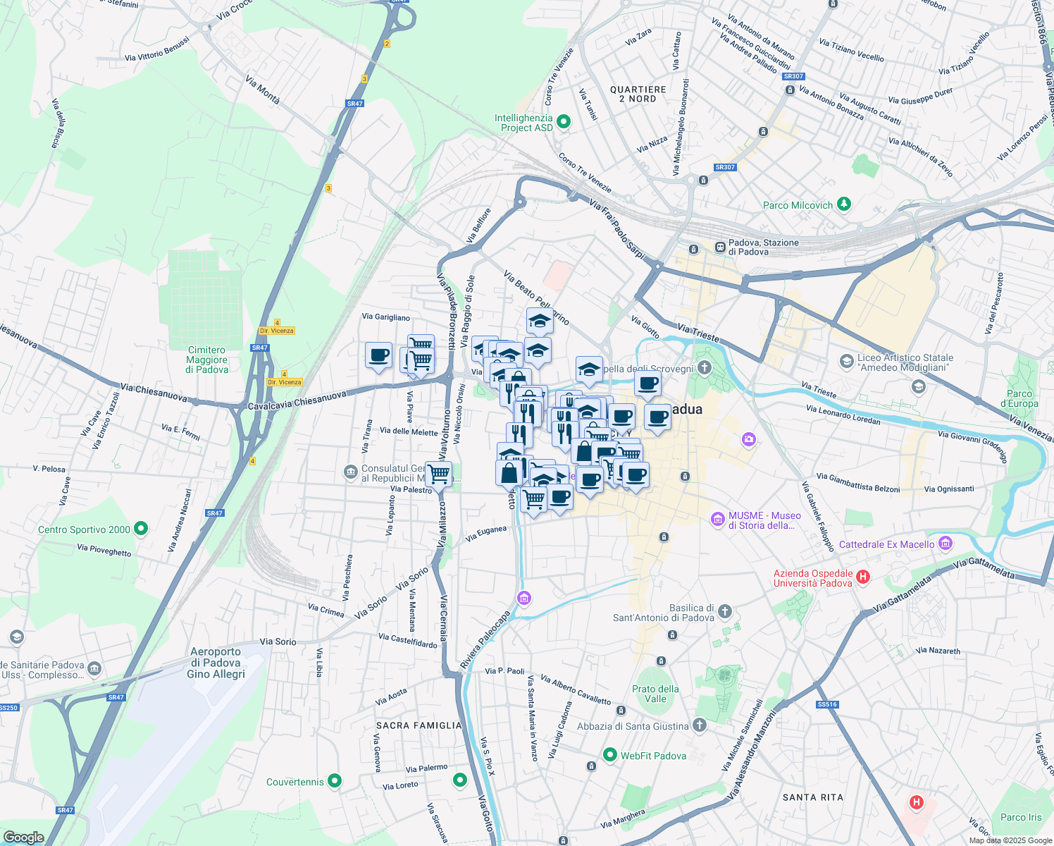 map of restaurants, bars, coffee shops, grocery stores, and more near 24 Riviera San Benedetto in Padova