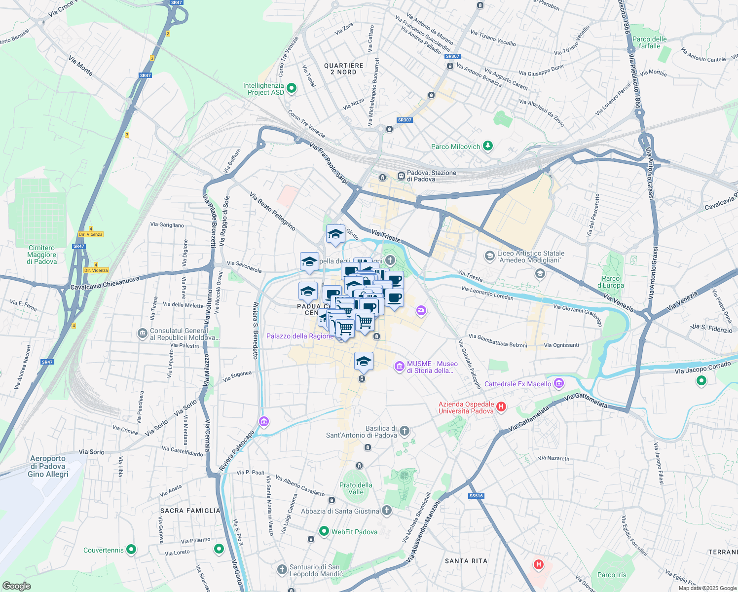 map of restaurants, bars, coffee shops, grocery stores, and more near 16 Via San Fermo in Padova
