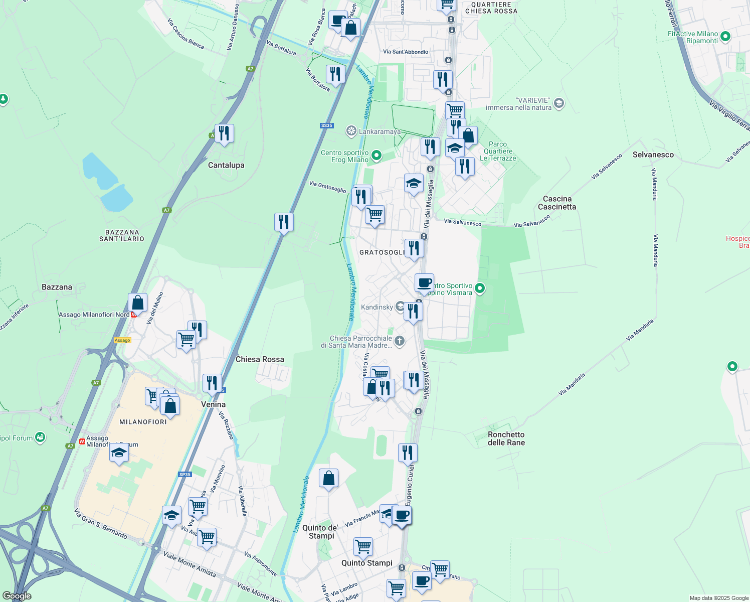 map of restaurants, bars, coffee shops, grocery stores, and more near in Milan