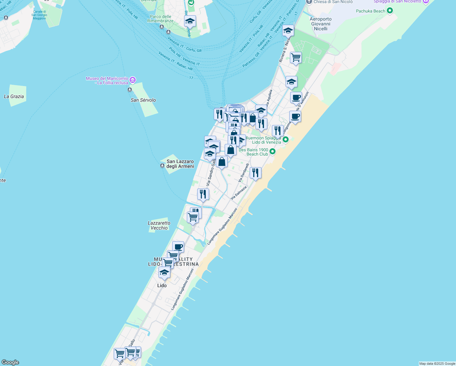map of restaurants, bars, coffee shops, grocery stores, and more near 37 Via Lepanto in Lido