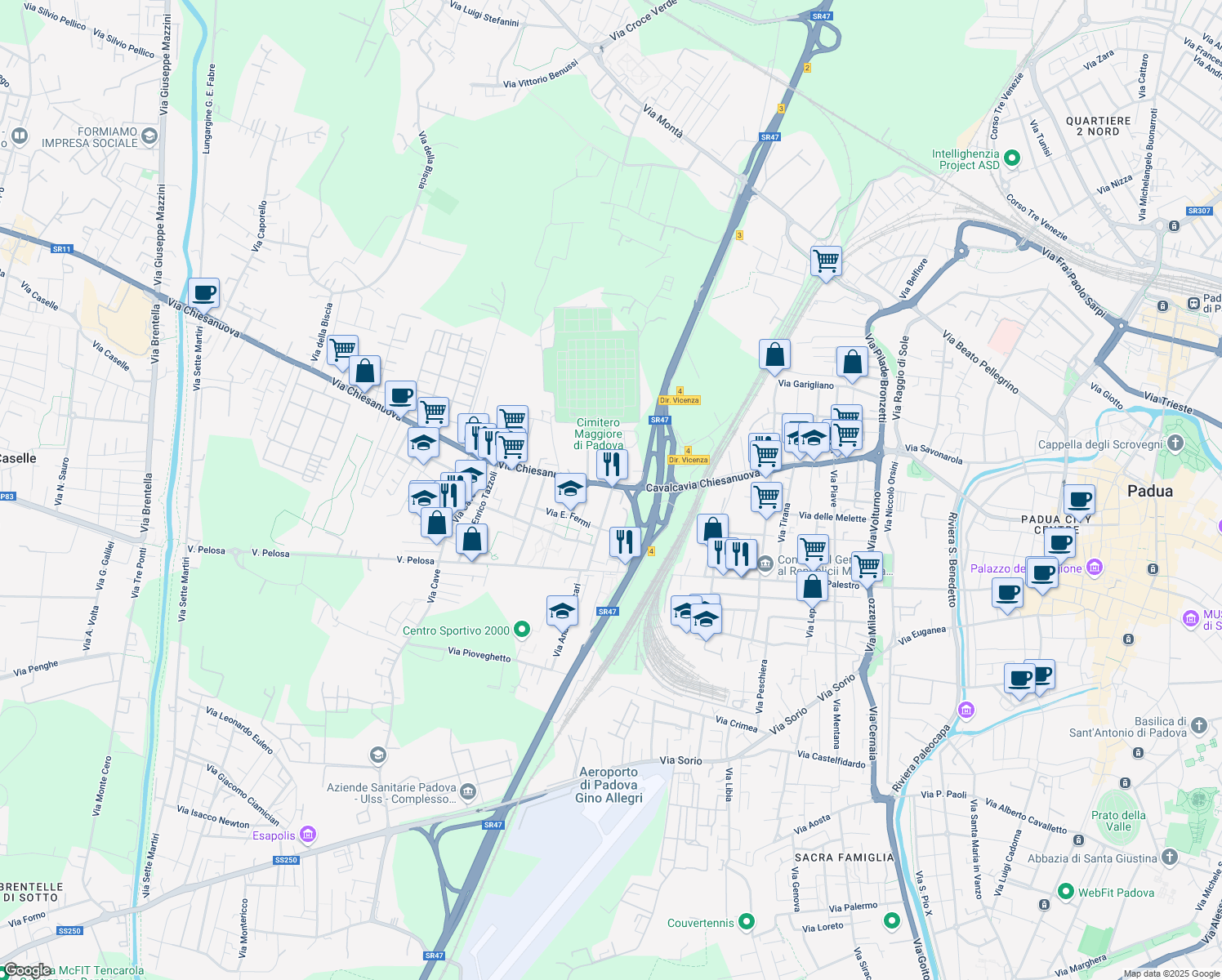 map of restaurants, bars, coffee shops, grocery stores, and more near 2 Via del Cimitero in Padova