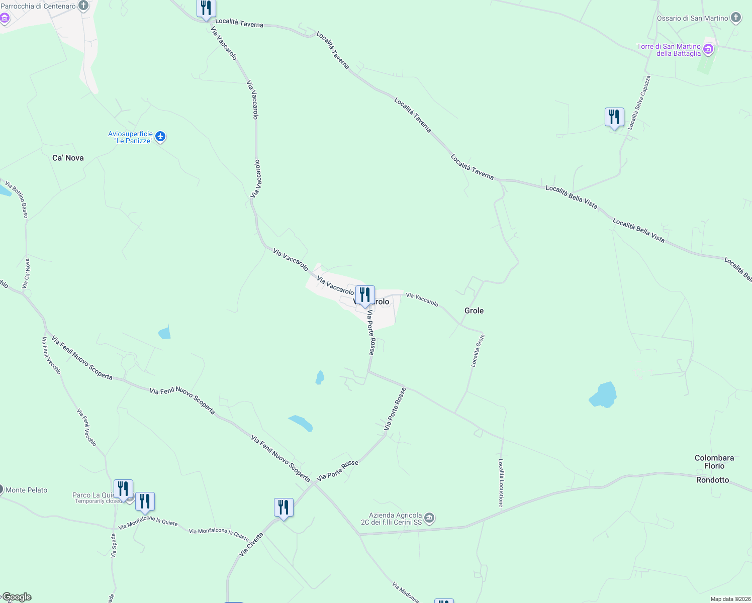 map of restaurants, bars, coffee shops, grocery stores, and more near 24 Via Vaccarolo in Vaccarolo