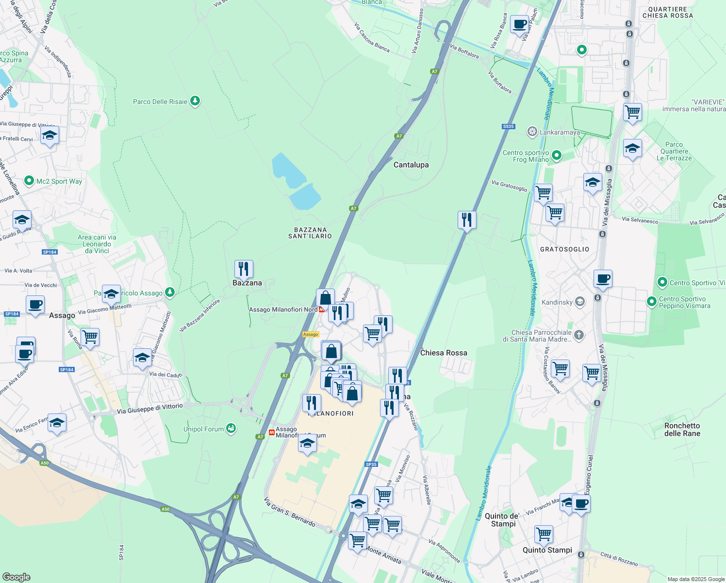 map of restaurants, bars, coffee shops, grocery stores, and more near 6 Via del Mulino in Assago
