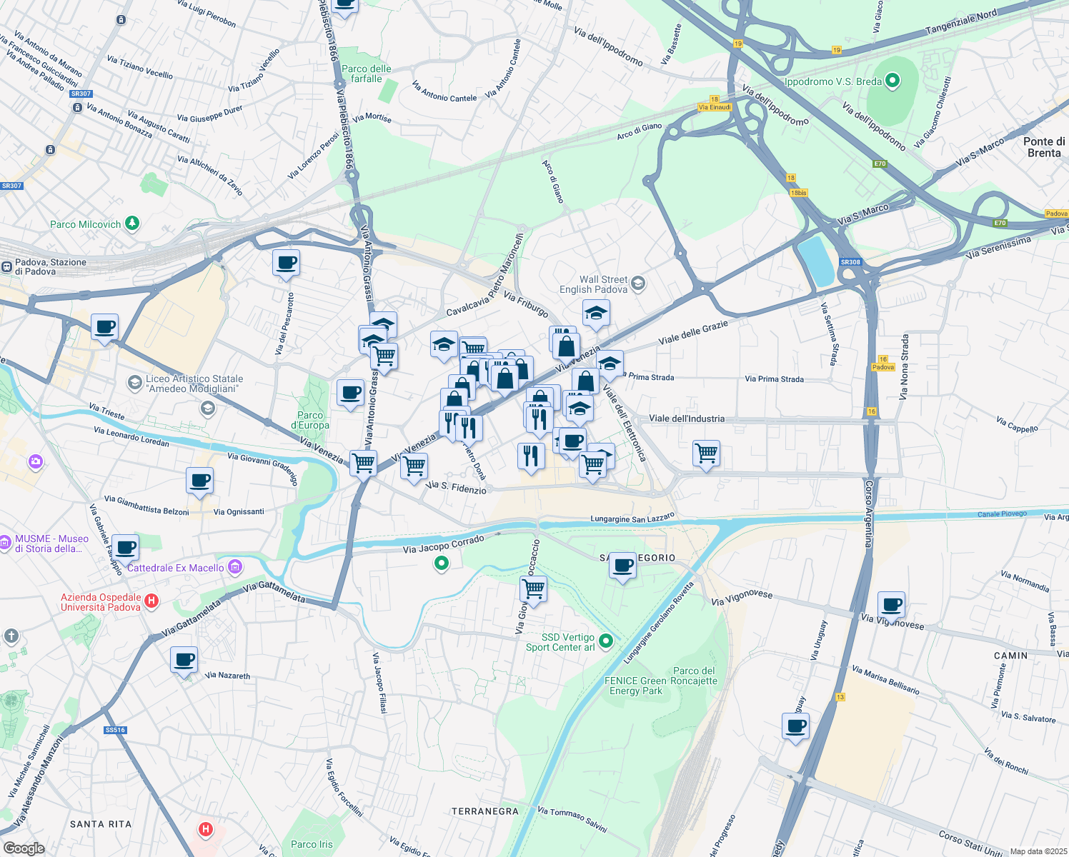 map of restaurants, bars, coffee shops, grocery stores, and more near 54 Via della Croce Rossa in Padova