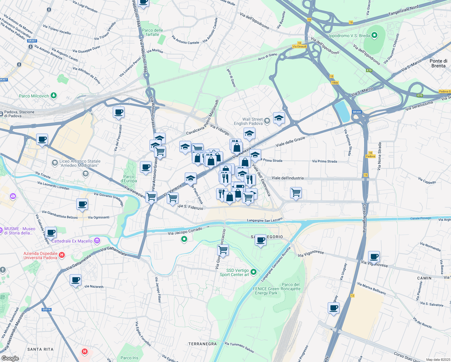 map of restaurants, bars, coffee shops, grocery stores, and more near 54 Via della Croce Rossa in Padova