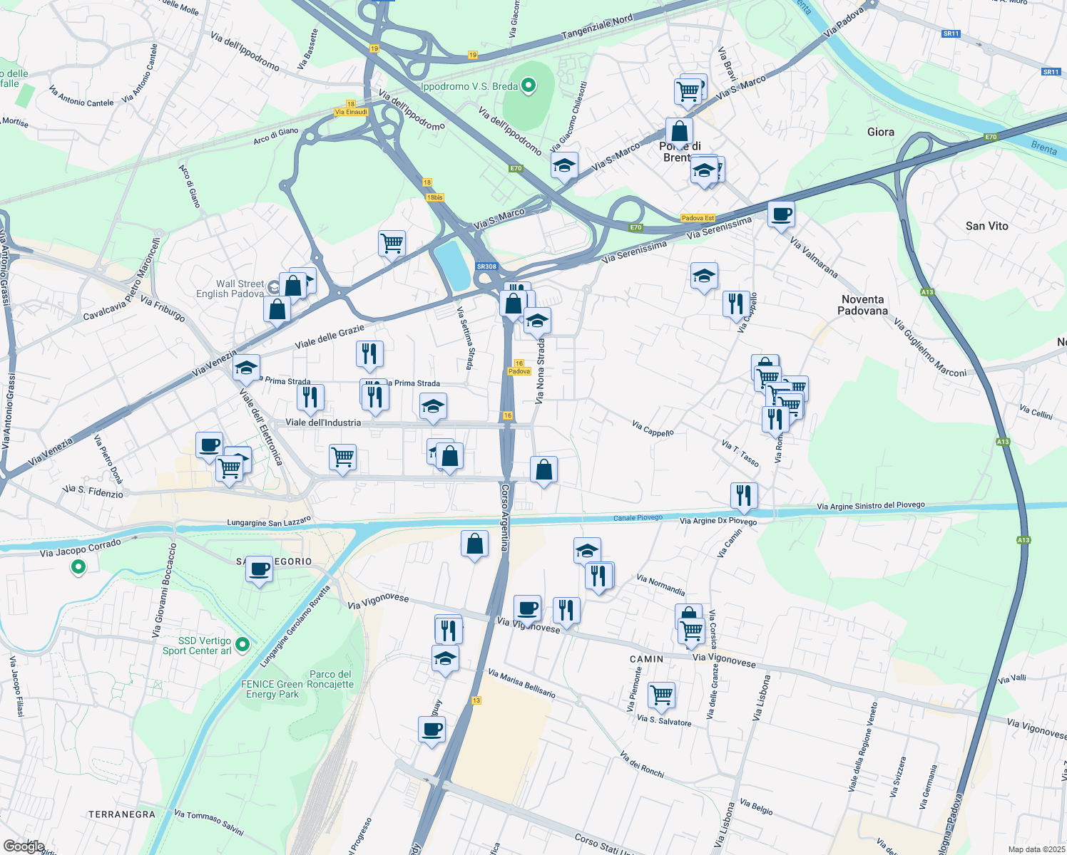 map of restaurants, bars, coffee shops, grocery stores, and more near 89 Viale dell'Industria in Padova