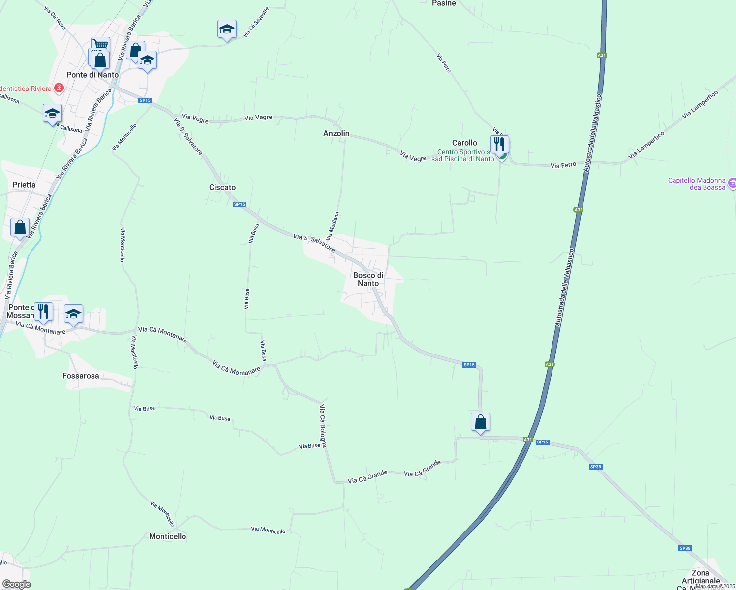 map of restaurants, bars, coffee shops, grocery stores, and more near 5 Via Busa in Bosco di Nanto