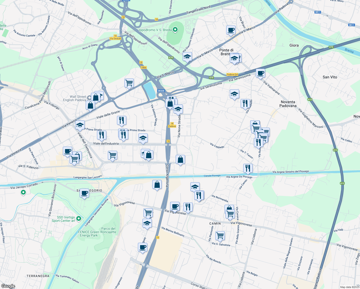 map of restaurants, bars, coffee shops, grocery stores, and more near 89 Viale dell'Industria in Padova