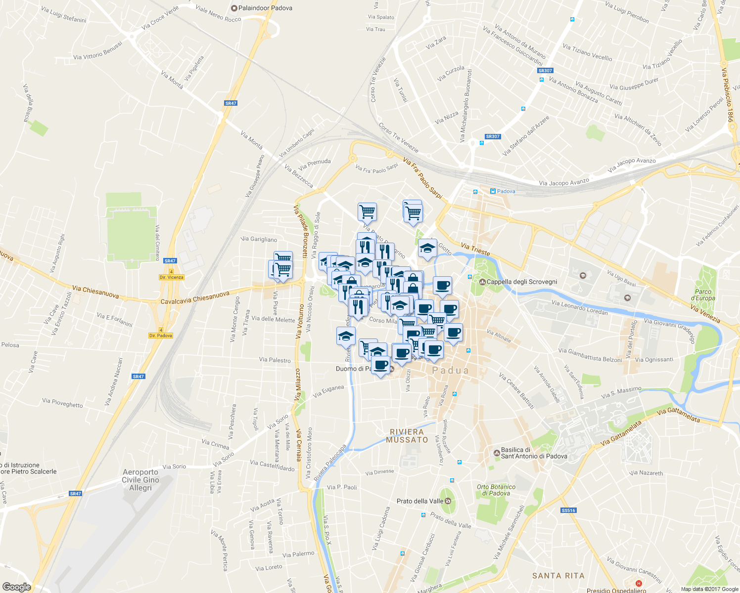 map of restaurants, bars, coffee shops, grocery stores, and more near 27 Riviera Albertino Mussato in Padua
