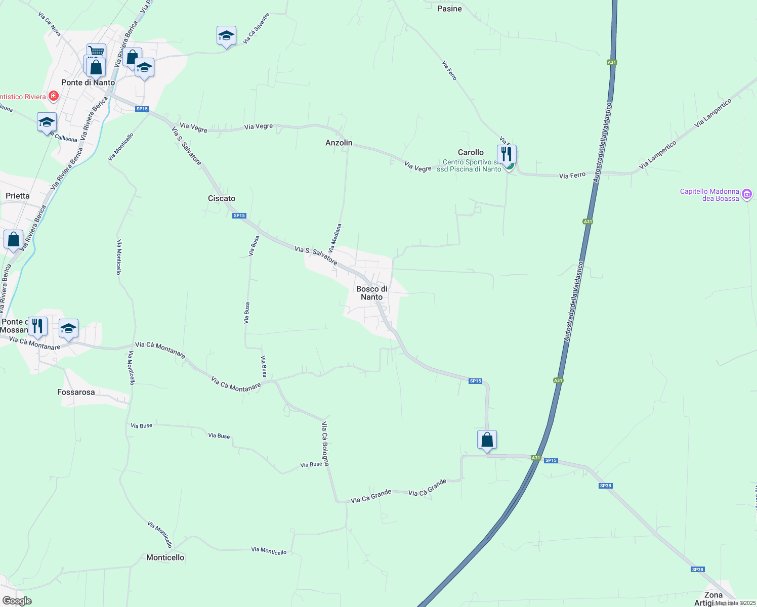 map of restaurants, bars, coffee shops, grocery stores, and more near 5 Via Busa in Bosco di Nanto