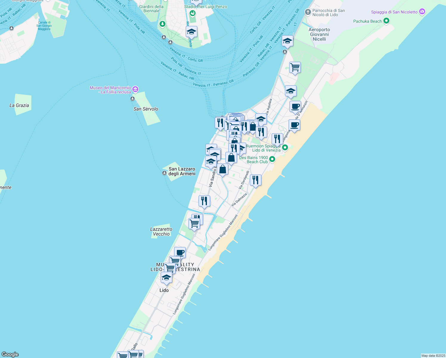 map of restaurants, bars, coffee shops, grocery stores, and more near 29 Via Lepanto in Lido