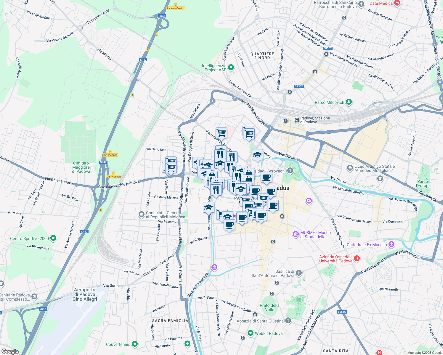 map of restaurants, bars, coffee shops, grocery stores, and more near 27 Riviera Albertino Mussato in Padua