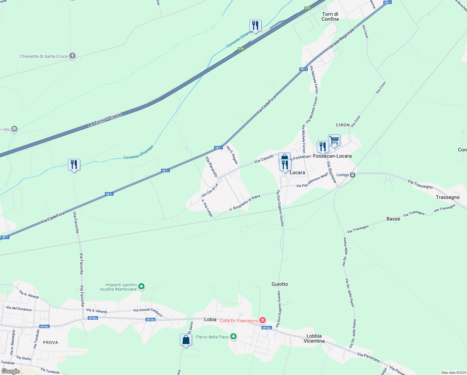 map of restaurants, bars, coffee shops, grocery stores, and more near 22 Via Barbarani Berto in Locara