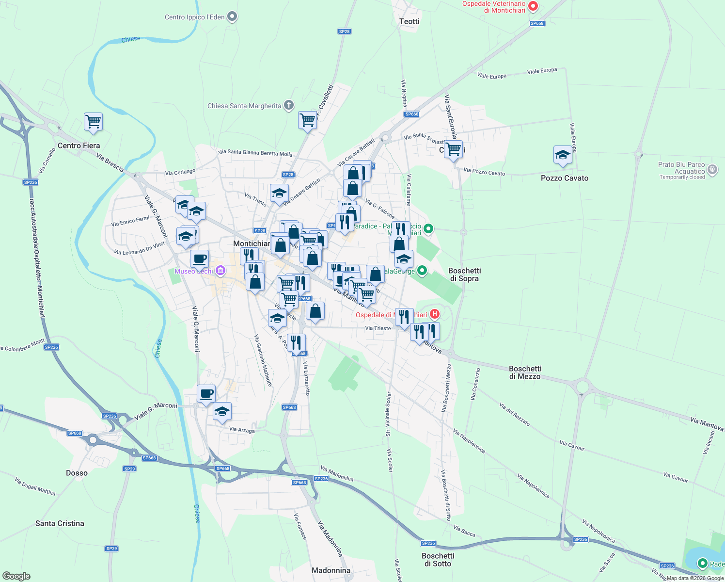 map of restaurants, bars, coffee shops, grocery stores, and more near 54 Via G. Ciotti in Montichiari